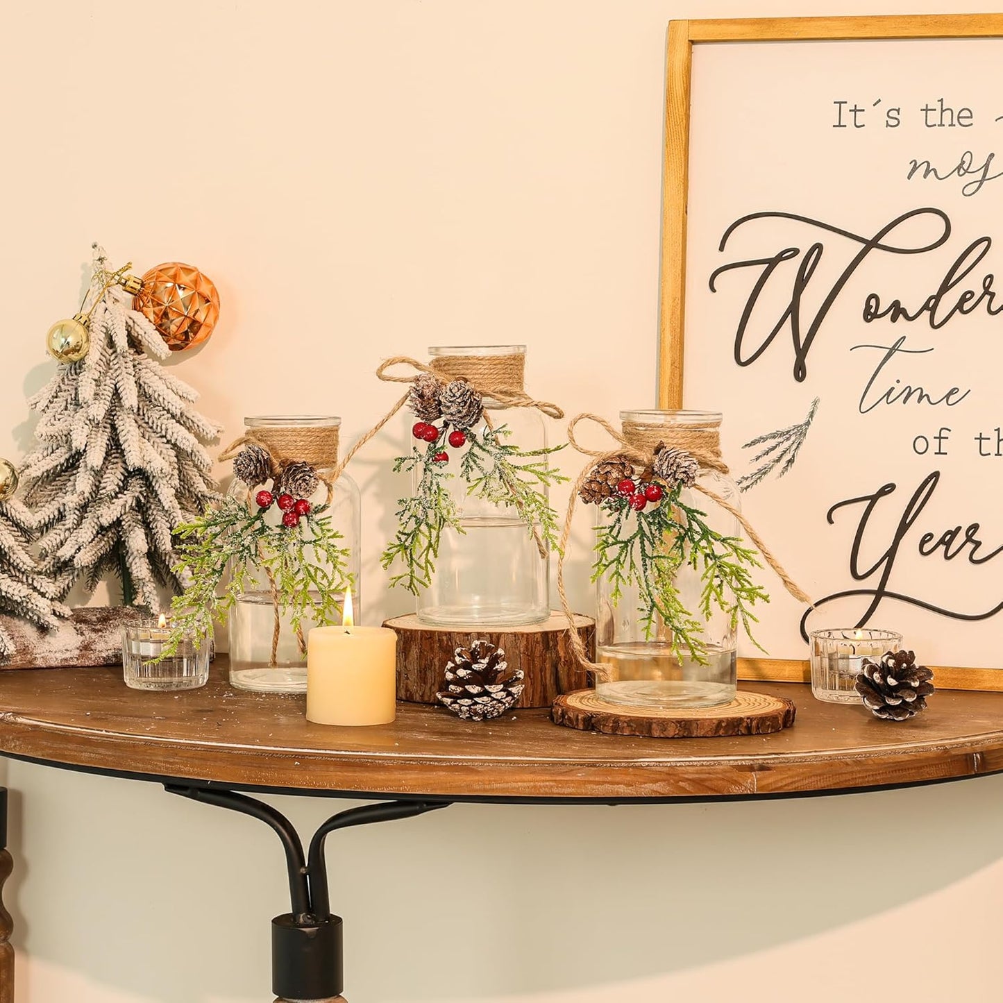 Set of 12 Xmas Decor Vases Christmas Centerpieces for Tables Farmhouse Holiday Table Decor Clear Glass Vases with Twine Ties for Christmas Decorations