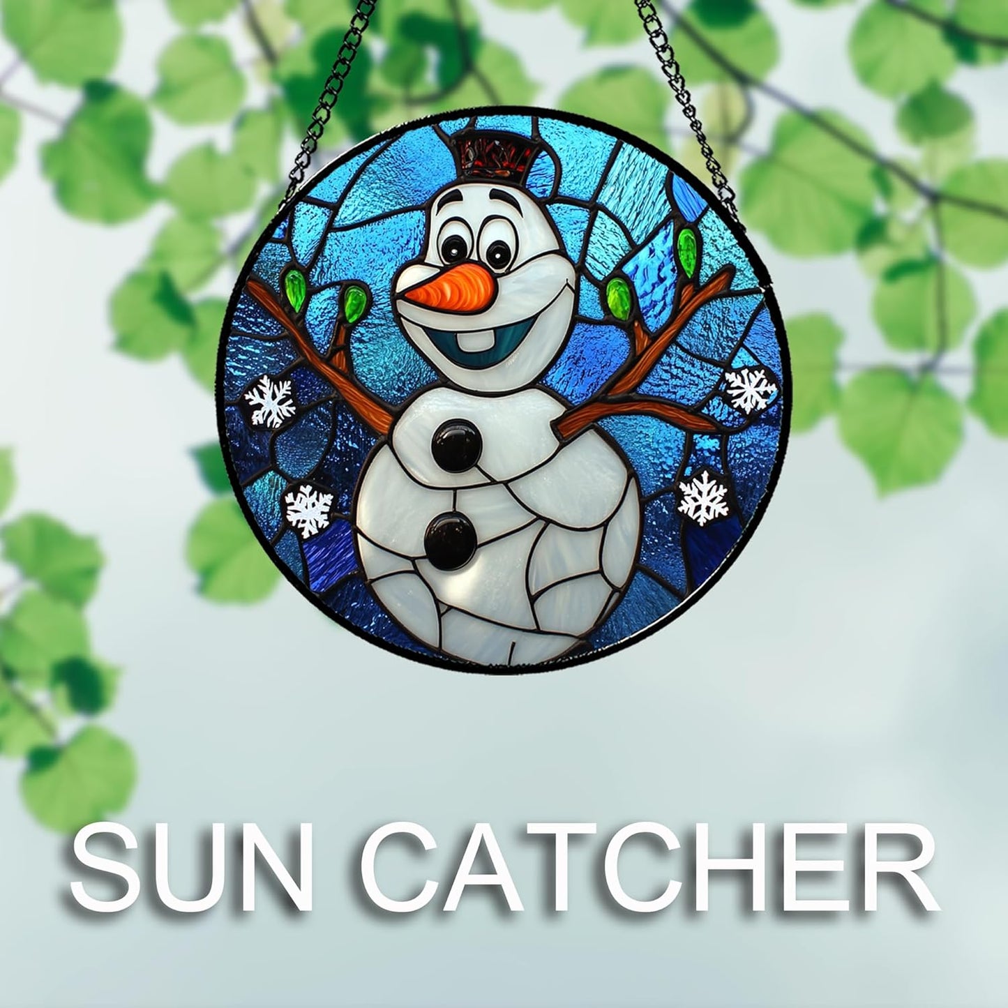 Stained Glass Window Hanging Christmas Funny Snowman 11.8" - Suncatcher Door Garden Blue White Snowflakes Sun Catcher New Year Birthday for Friend Mom Men Woman Nana