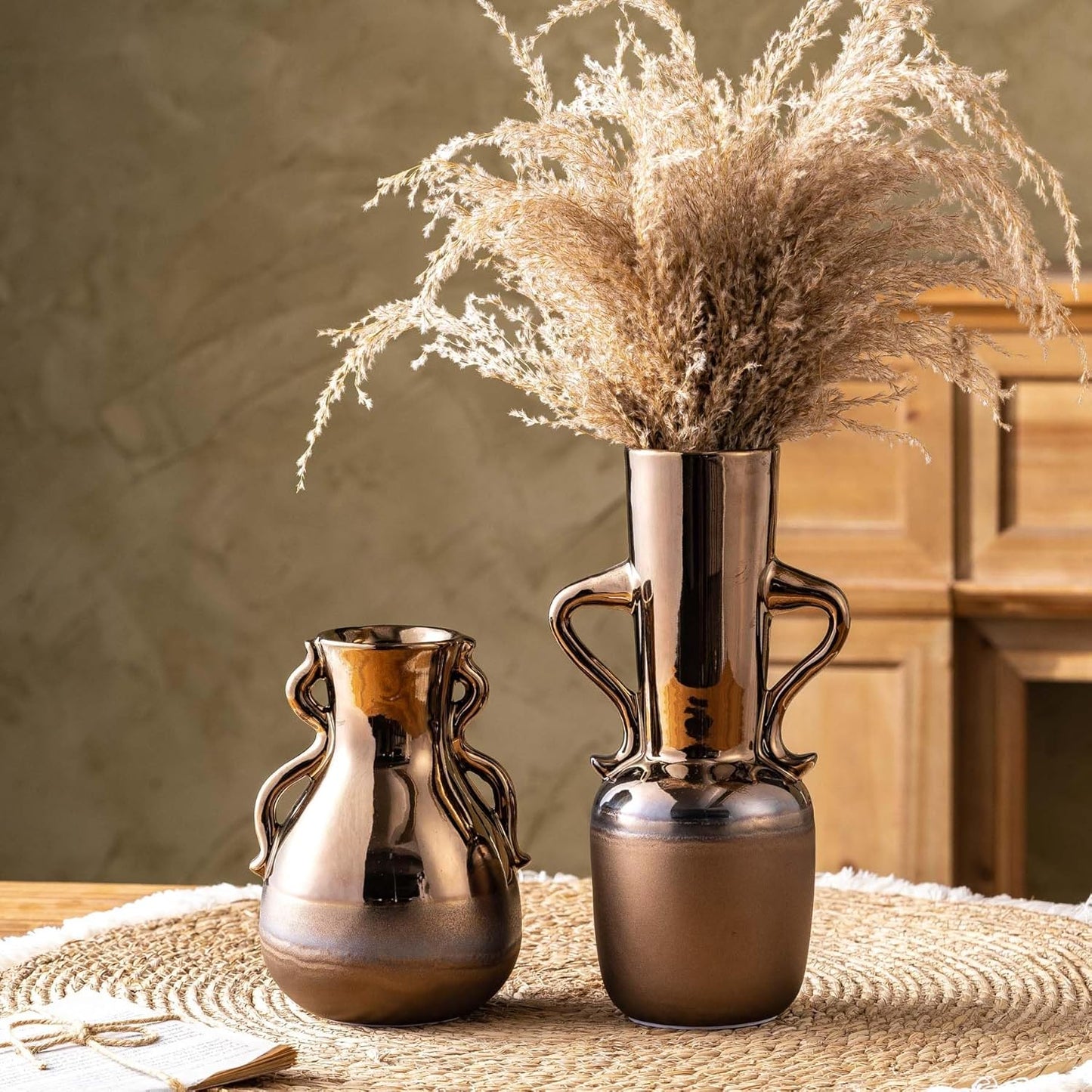 Gold Ceramic Vase with Handles, Brown Rustic Farmhouse Vintage Flower Vases Home Decor, Modern Amber Tall Centerpiece Floral Large Vases for Living Room, Bedroom, Office Metal Glaze Finish 11 Inch