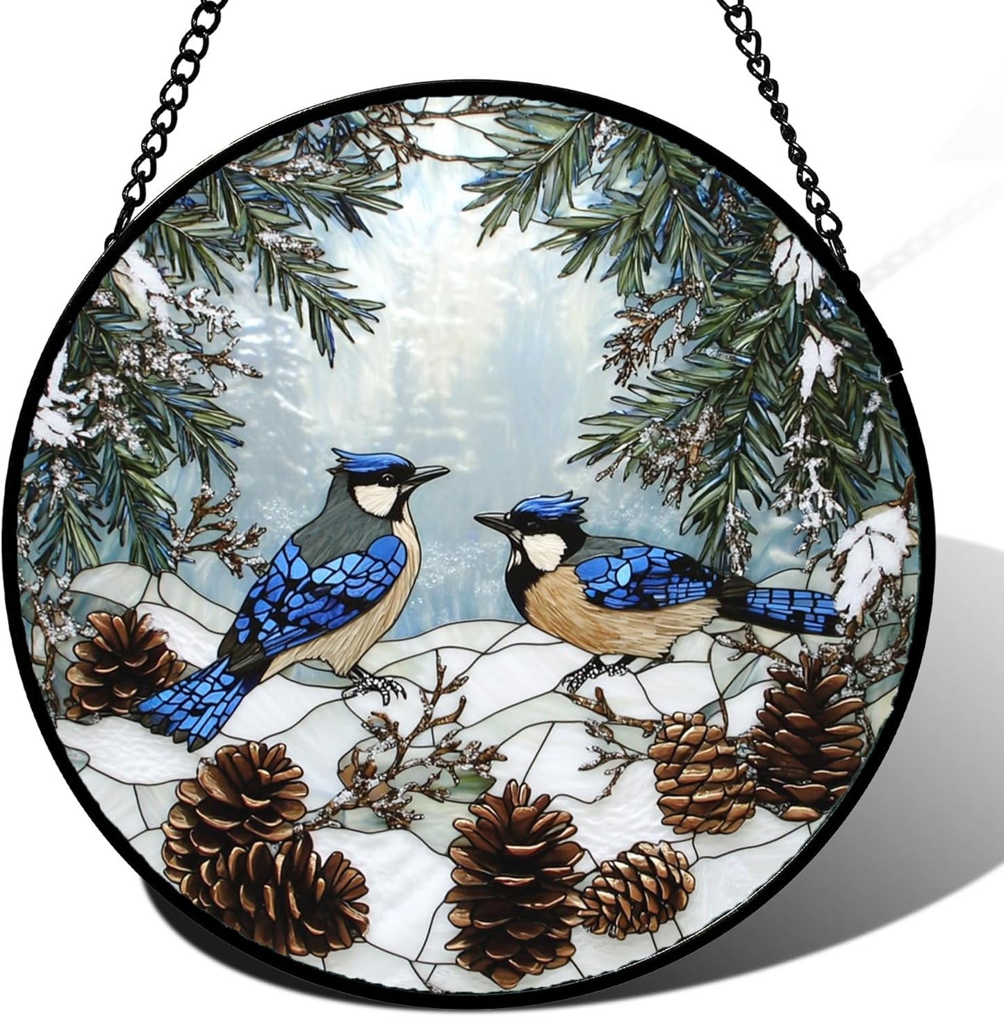 Stained Glass Window Hanging - Blue Bird Winter Forest Landscape Suncatcher for Door Garden Yard Sun Catchers Decor Christmas Mother's Day Birthday Gifts for Women Mom Nana Friend 7.8 in