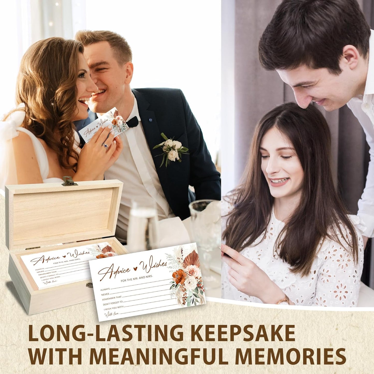 Boho Advice and Wishes for the Mr and Mrs - 50 Packs Wedding Advice Cards Bridal Shower Game Cards with Box Reception Guest Book for Bride Groom Newlywed Engagement Party Decoration -A08