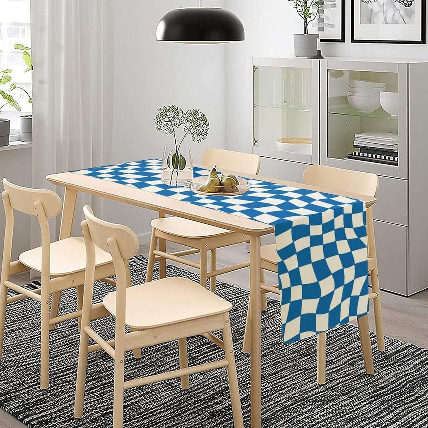 Table Flag Retro Plaid 60s70s Blue Plaid Table Flag Kitchen Restaurant Decoration Suitable for Indoor and Outdoor Festival Home Wedding Party Table Flag 13x60