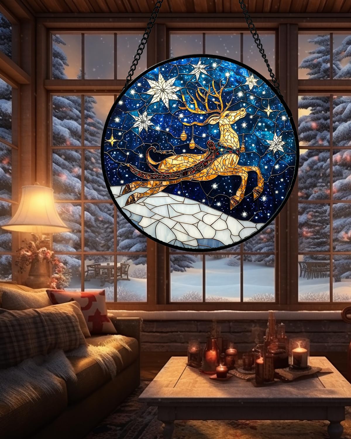 Stained Glass Window Hanging - Reindeer Blue Starry Sky Suncatcher for Doors Home Christmas Decoration Winter Sun Catcher Thanksgiving New Year Birthday Gifts for Women Men Mom Nana 9.8 in
