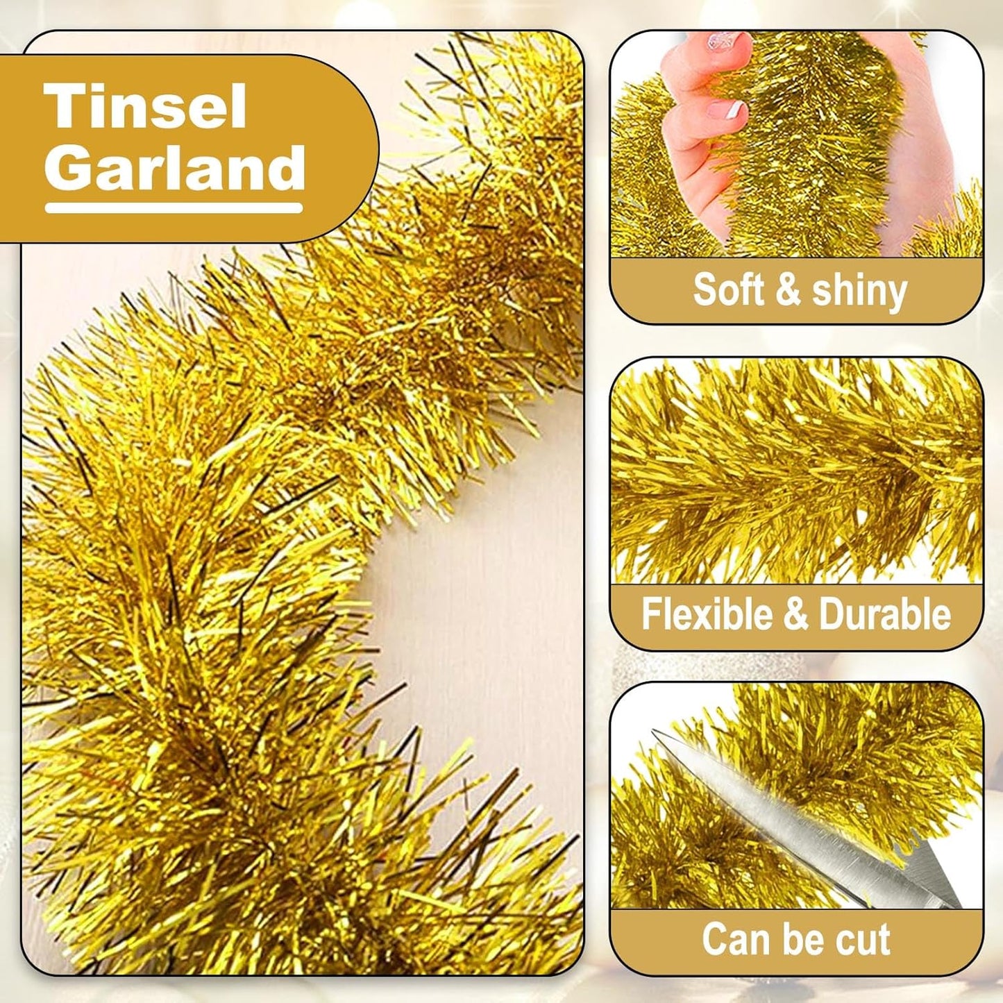25 Feet Christmas Tinsel Garland, Metallic Twist Wall Hanging Tinsel Backdrop for Parade Floats, Carnival, Birthday, Wedding, New Year Party Decorations (Gold, 4in x 25ft)