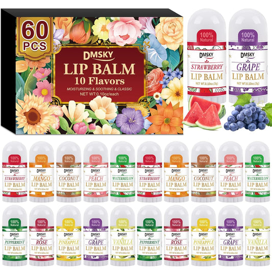 DMSKY Mini Lip Balm 60 Pack, Natural Lip Balm Bulk with Vitamin E and Coconut Oil, Moisturizing Lip Balms for Dry Cracked lips - 10 Flavors