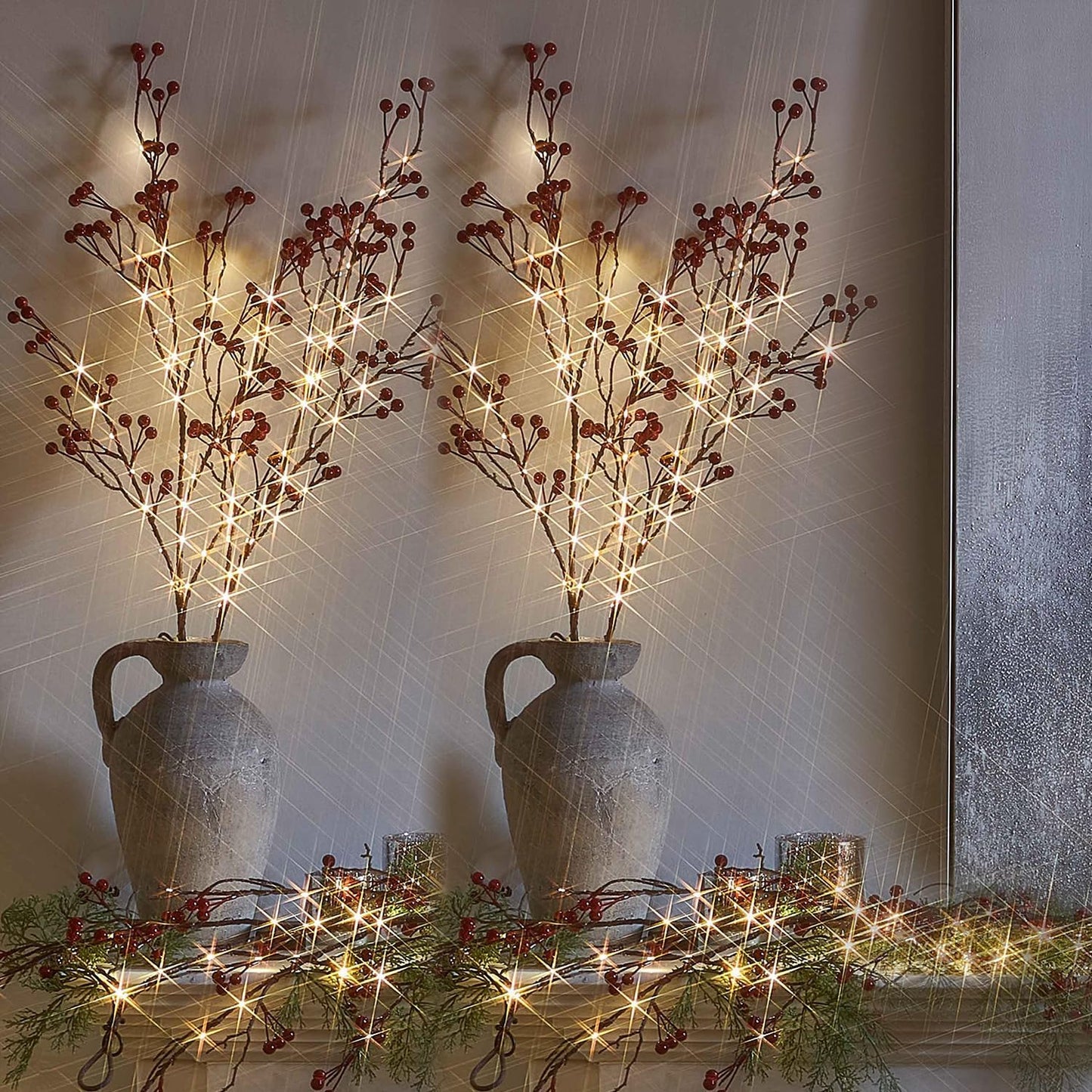 Fudios Lighted Red Berry Branches 80 LED Fairy Lights with Timer USB Plug in or Battery Operated, Artificial Twig Branches with Lights 32IN Christmas Home Fireplace Mantle Decoration