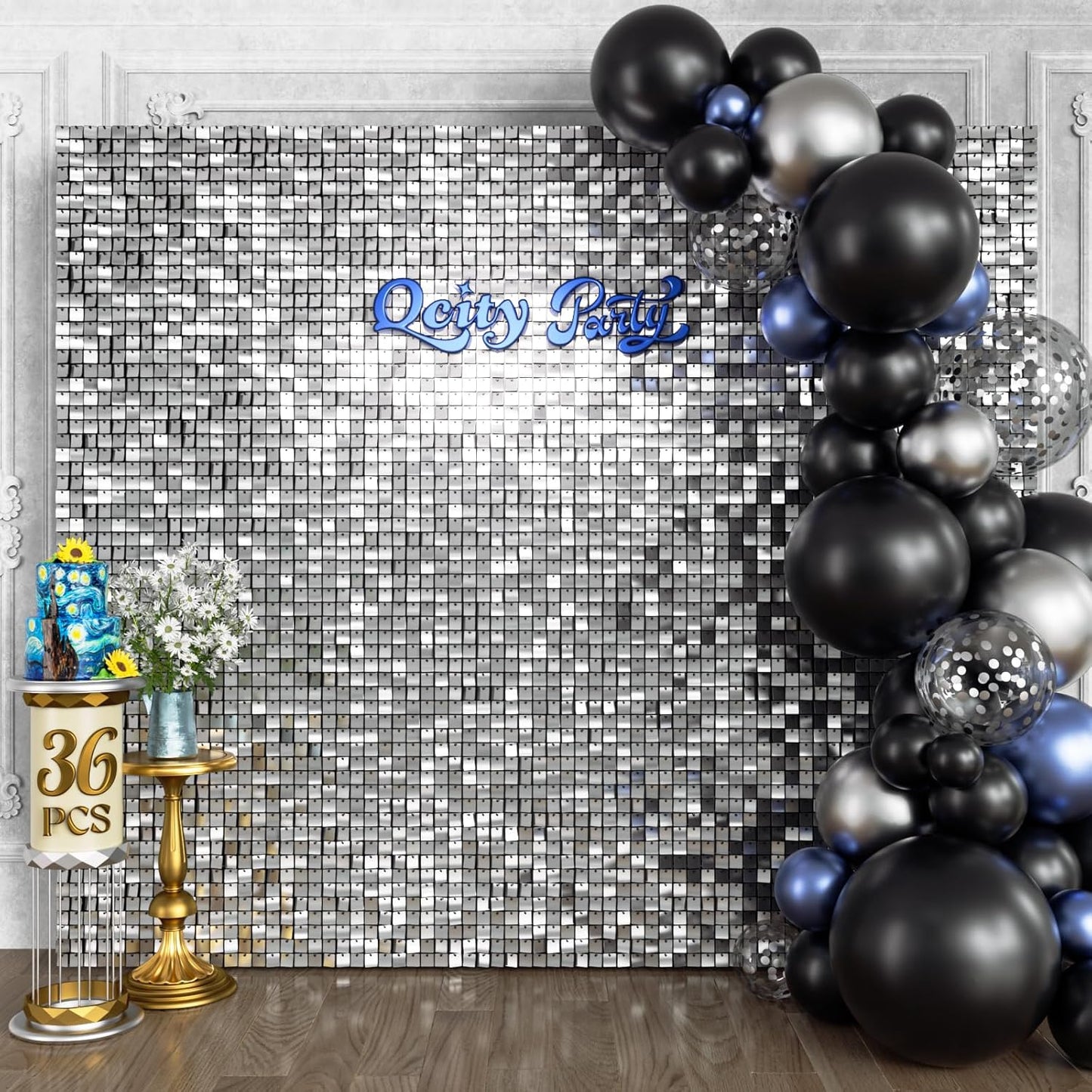 Qcity Silver Shimmer Wall Backdrop 36PCS, Black Back Not See-Through Design, Square Sequin Glitter Backdrop Panel, Perfect for Outdoor Events, Birthdays, Wedding and Party Decoration