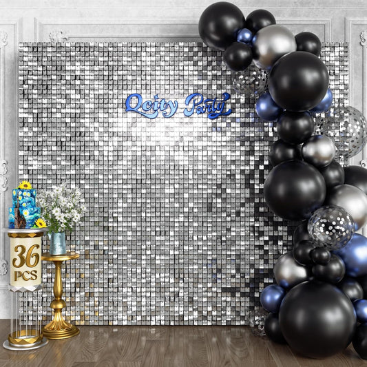 Qcity Silver Shimmer Wall Backdrop 36PCS, Black Back Not See-Through Design, Square Sequin Glitter Backdrop Panel, Perfect for Outdoor Events, Birthdays, Wedding and Party Decoration