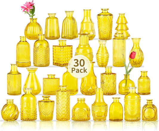 Mini Glass Bud Vases for Wedding & Bridal Shower Centerpieces,Versatile Glass Vases for Home Decor,Party & Anniversary Decorations,Candle Holders,Hydroponics, Aromatherapy Bottles(Pack of 30,Yellow)