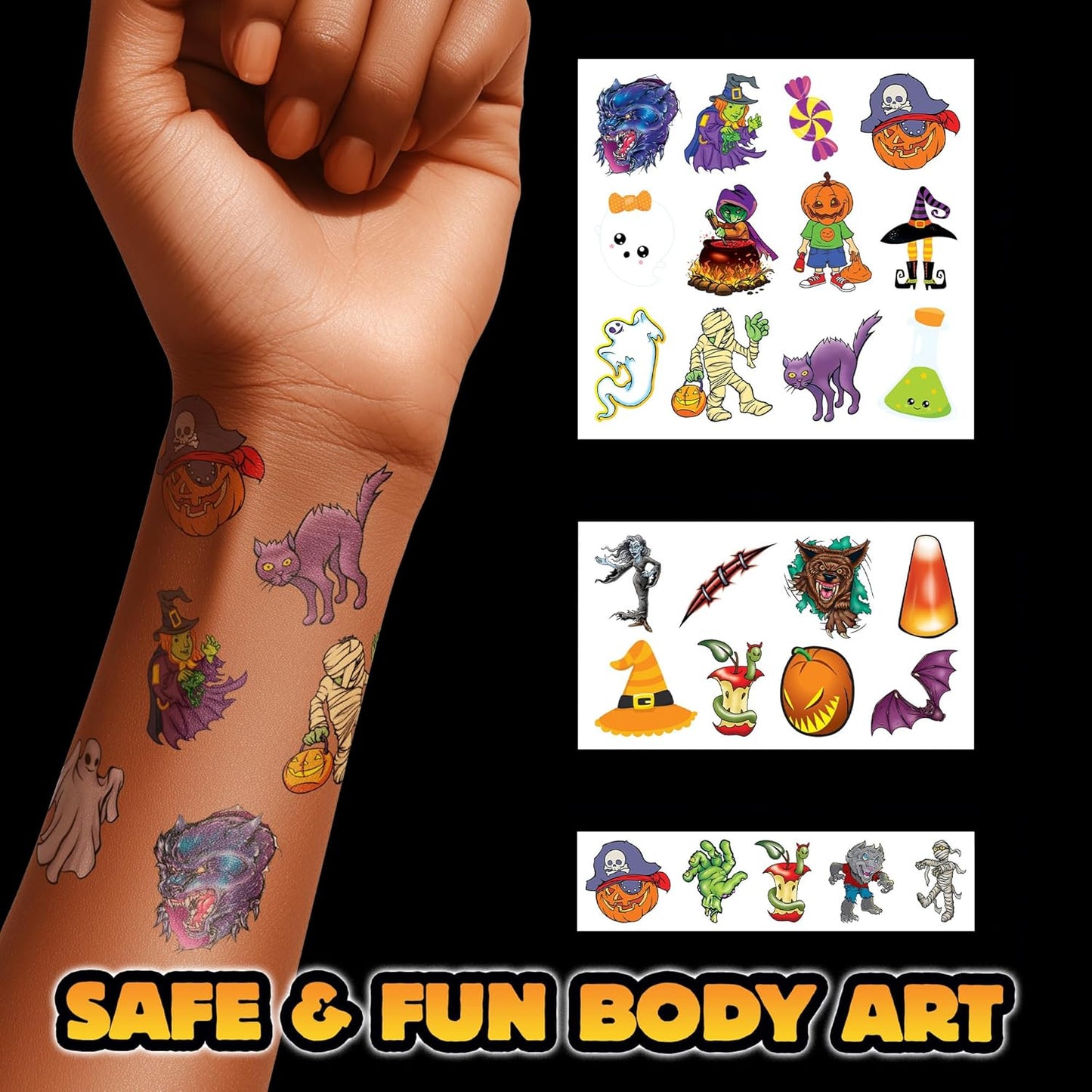 Assorted Halloween Temporary Tattoos – Spooky Designs for Kids & Adults, Includes Ghosts, Pumpkins, Bats, Skulls & More, Non-Toxic Party Favors & Trick-or-Treat Handouts