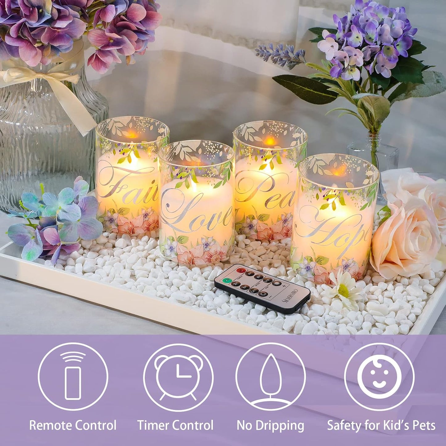Silverstro Christmas Flameless Candles Glass Flickering Real Wax Floral LED Candles with Remote - Home Party Room Botanical Holiday Decor Set of 4
