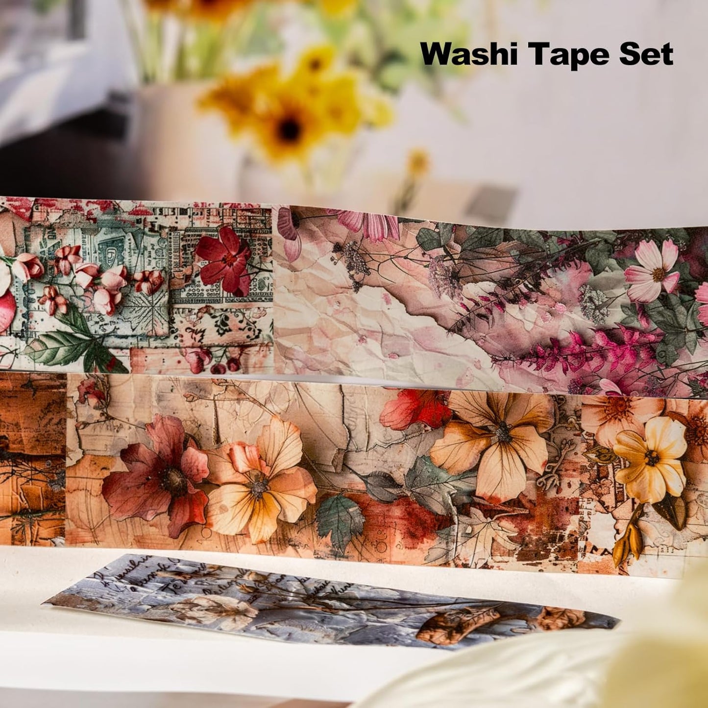 Vintage Floral Washi Tape Set – 6 Rolls, 2M Non-Repeating Flower Collage Designs, Decorative Craft Tape for Scrapbooking, Journals, Planners with Accessory Clip Included