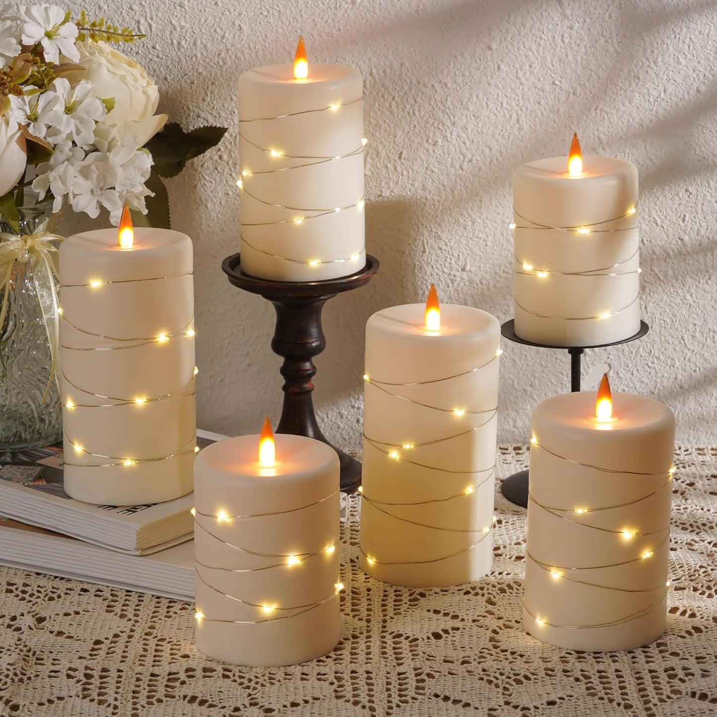 Upinmz 6 Pack Flickering Flameless Candles with String Lights,Unbreakable Acrylic Battery Operated Candle with Remote Control and Timer - Ivory White