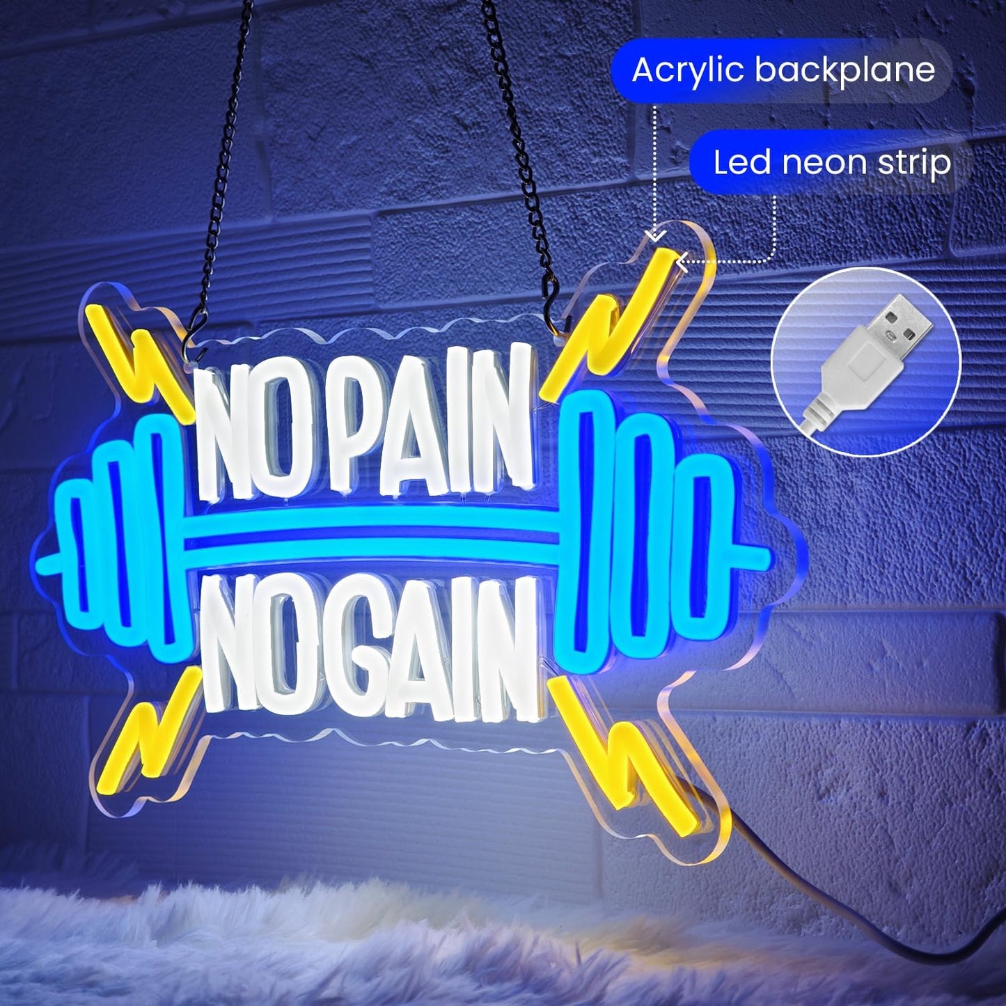 No Pain No Gain Neon Sign for Gym Wall Decor,Led Sign,Neon Lights for Bedroom,Motivational LED Light Up Sign for Home Fitness Room,Garage,Workout,Man Cave,Blue & Yellow Barbell Neon Light