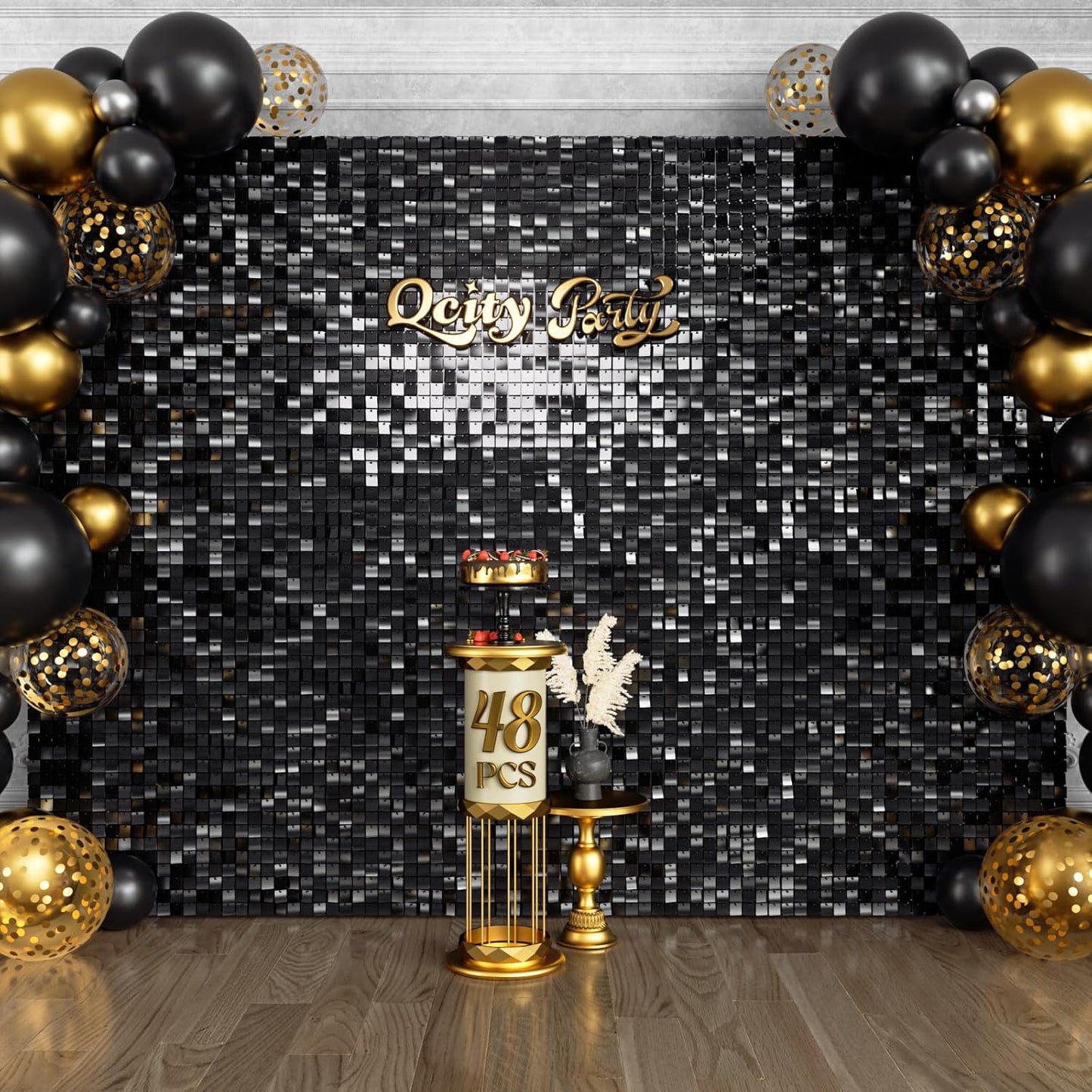 Qcity Black Shimmer Wall Backdrop 48PCS, Black Back Not See-Through Design, Square Sequin Glitter Backdrop Panel, Perfect for Outdoor Events, Birthdays, Wedding and Party Decoration