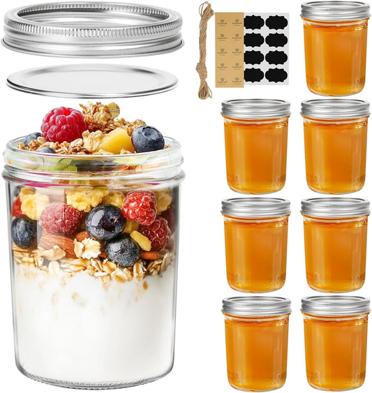 ComSaf Wide Mouth Mason Jars 16oz - 8 Pack, Pint Mason Jars with Lids and Seal Bands, Glass Canning Jars for Pickling, Jam, Jelly, Honey, Salad, Desert, Shower Wedding Favors, DIY Candles Decor