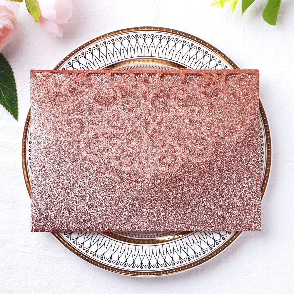 PONATIA 5.12 X 7.2 Rose Gold Glitter Wedding Invitations, 20PCS Tri-Fold Laser Cut Invitations Pockets With Envelopes For Wedding Bridal Shower Engagement Quinceanera Invitations (No Inner Sheet)