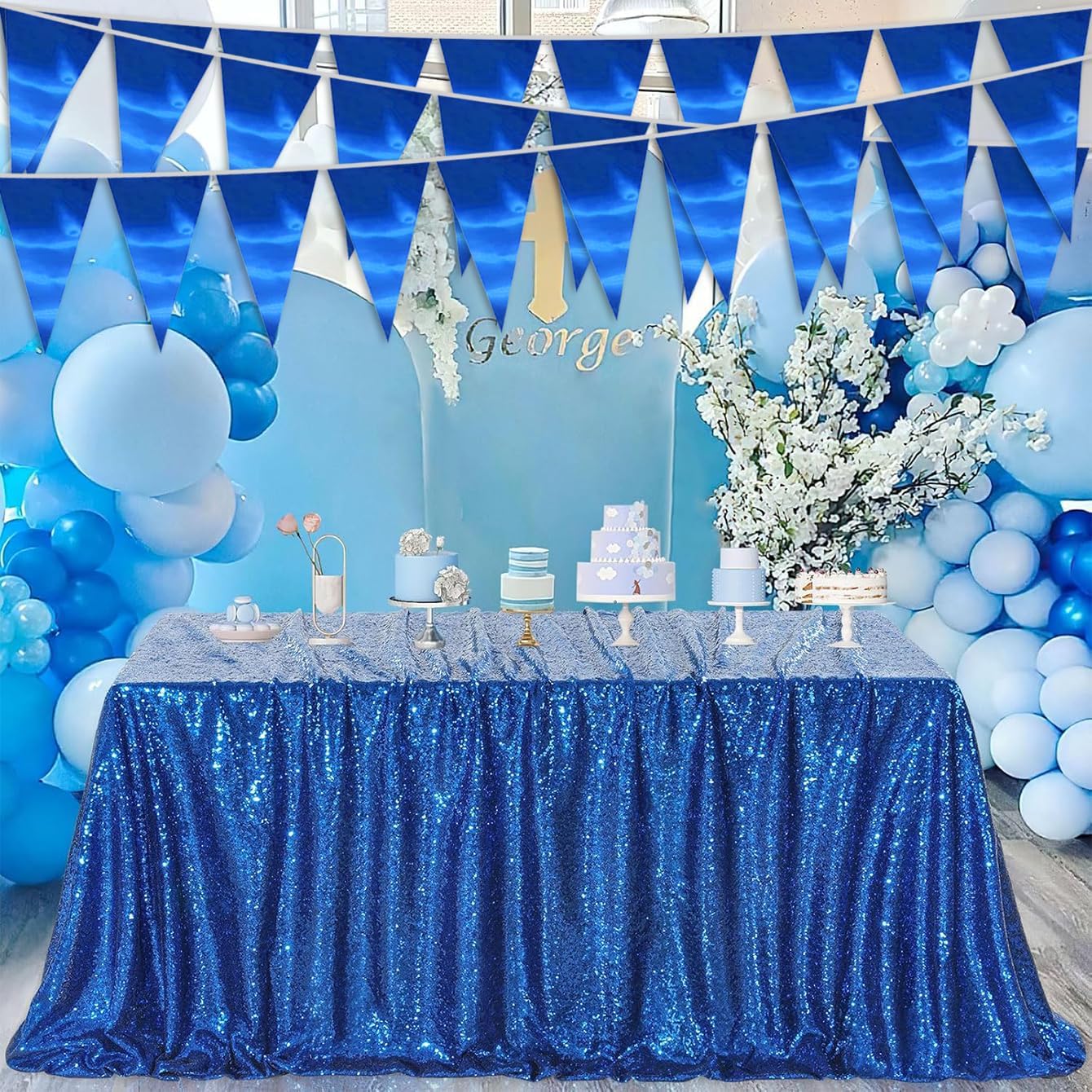 20M/65FT Blue Triangle Pennant Banner Flag Metallic Fabric Bunting Garland for Christmas Graduation Wedding Engagement Anniversary Bachelorette Birthday Bridal Shower Valentines Hen Party Supplies