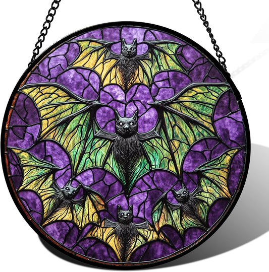 Stained Glass Window Hanging - Halloween Decorations Bats Suncatcher for Doors Garden Indoor Spooky Funny Purple Sun Catchers Gothic Decor Horror Gifts for Women Men Friend 9.8 in