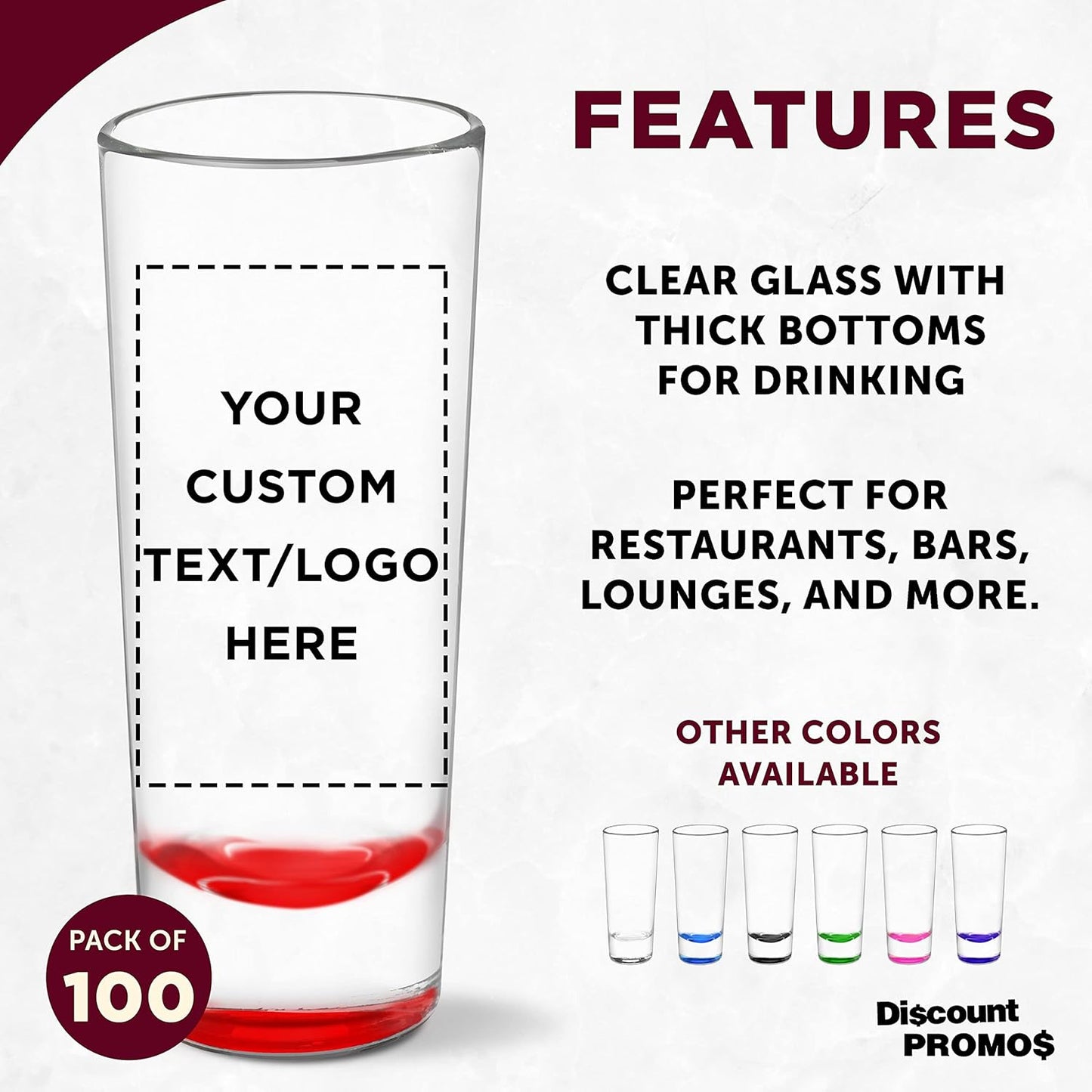 Custom Cordial Shooter Shot Glasses 2 oz. Set of 100, Personalized Bulk Pack - Great for Birthdays, Parties, Indoor & Outdoor Events - Red