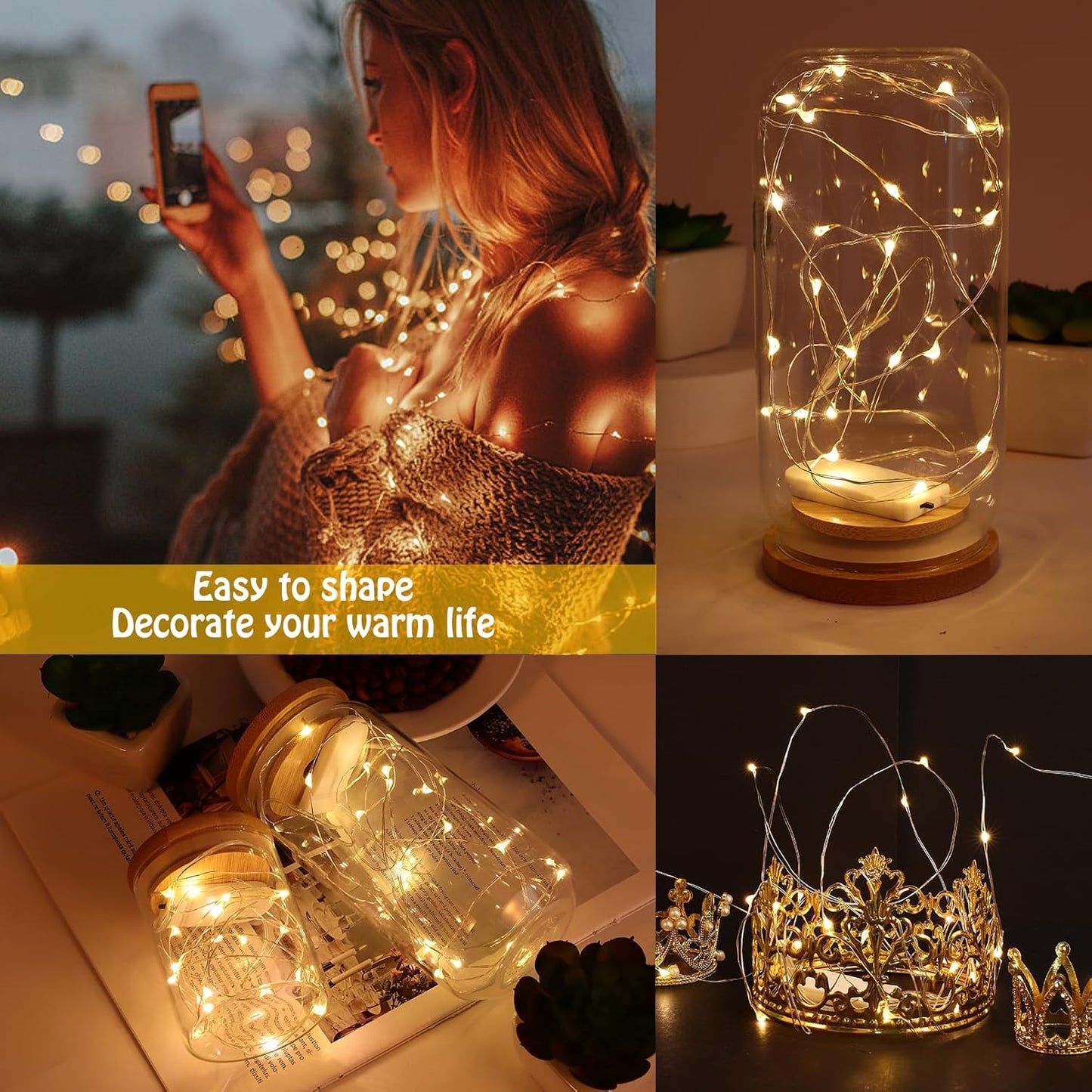 24Pack Fairy Lights,Battery Operated String Light,6.6FT 20 LED Mason Jar Lights,Waterproof Silver Wire Firefly Light,Mini String Light for Mason Jars Wedding Party Christmas Decor,Warm White