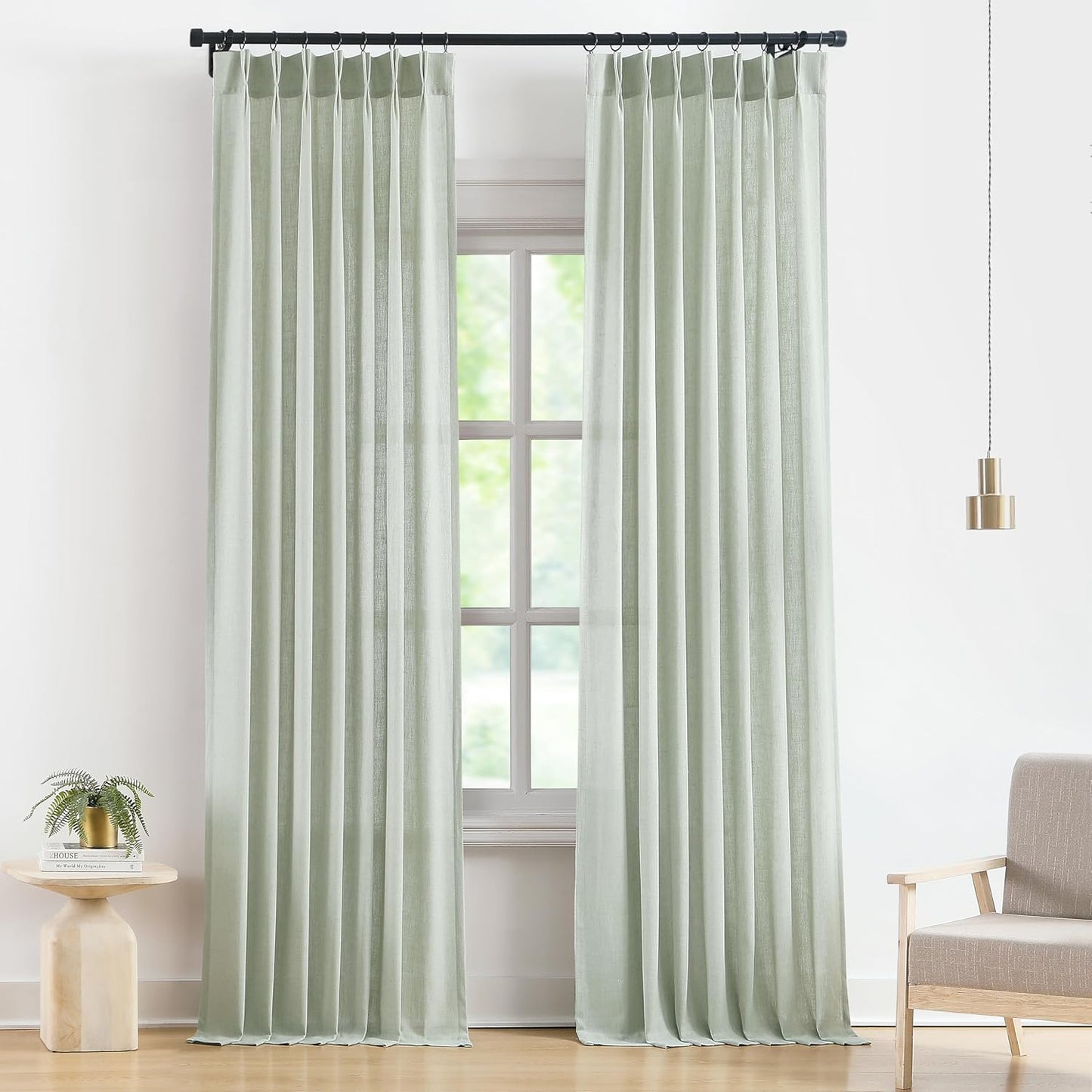 Vision Home Soft Green Pinch Pleated Semi Sheer Curtains Textured Linen Blended Light Filtering Window Curtains 102 inch for Living Room Bedroom Pinch Pleat Drapes with Hooks 2 Panels 40" Wx102 L