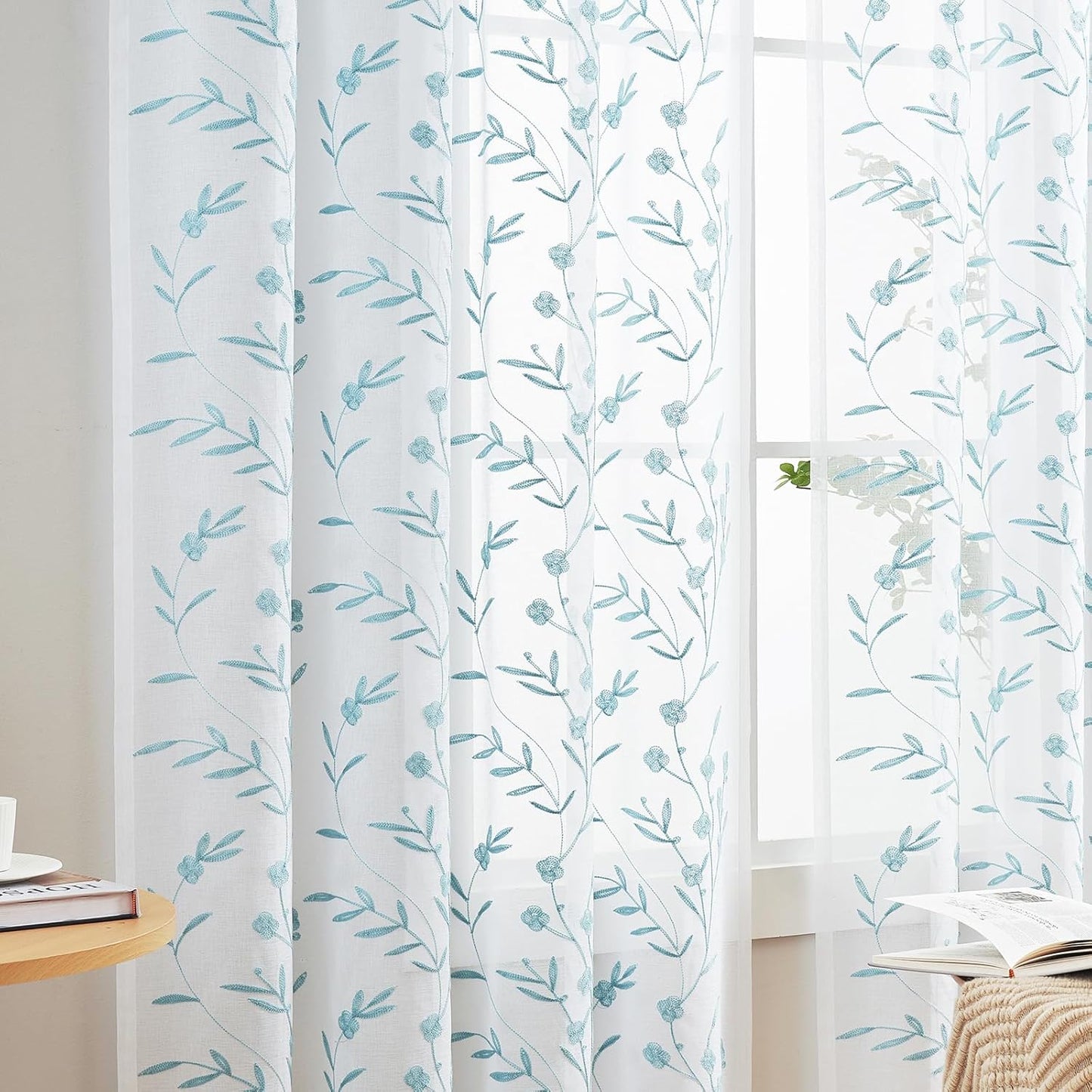 Sheer Curtains White-Blue Embroidery 63 Inch Length Rod Pocket Voile Drapes for Living room, Bedroom, Window Treatments Semi Flower Pattern Curtain Panels for Yard, Farmhouse, Set of 2, 52"x 63".