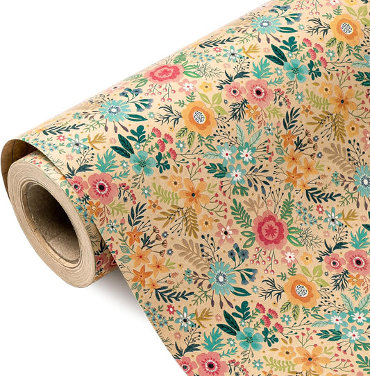 WRAPAHOLIC Kraft Floral Wrapping Paper Roll - Mini Roll - 17 Inch x 9.8 Feet - Spring Summer Garden Flower Design Perfect for Wedding, Bridal Shower, Birthday