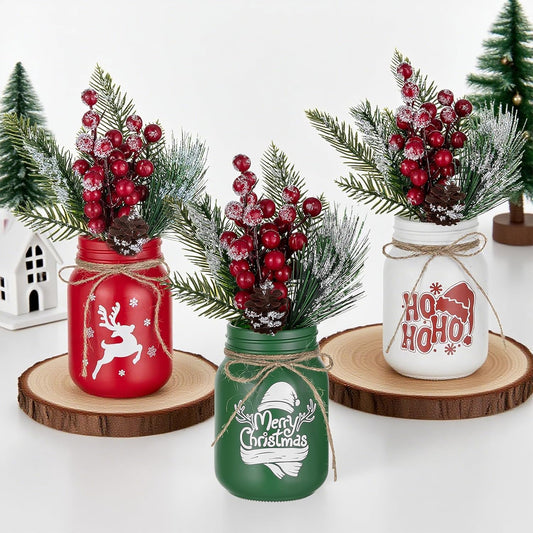 Hewory Christmas Vase for Table Centerpieces: 3 PCS Glass Christmas Mason Jars with Arrangemengts - Delicate Holiday Decor for Mantle Coffee Table Shelves