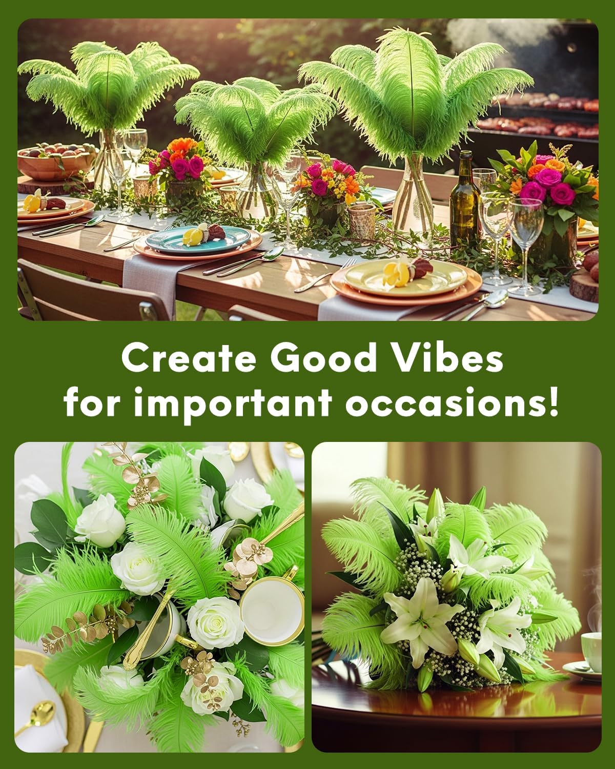 NEWONG 30pcs Fruit Green Ostrich Feathers Natural Bulk 9-12inch(23-30cm) Vase Craft Wedding Home Party Centerpieces Christmas Day Decoration