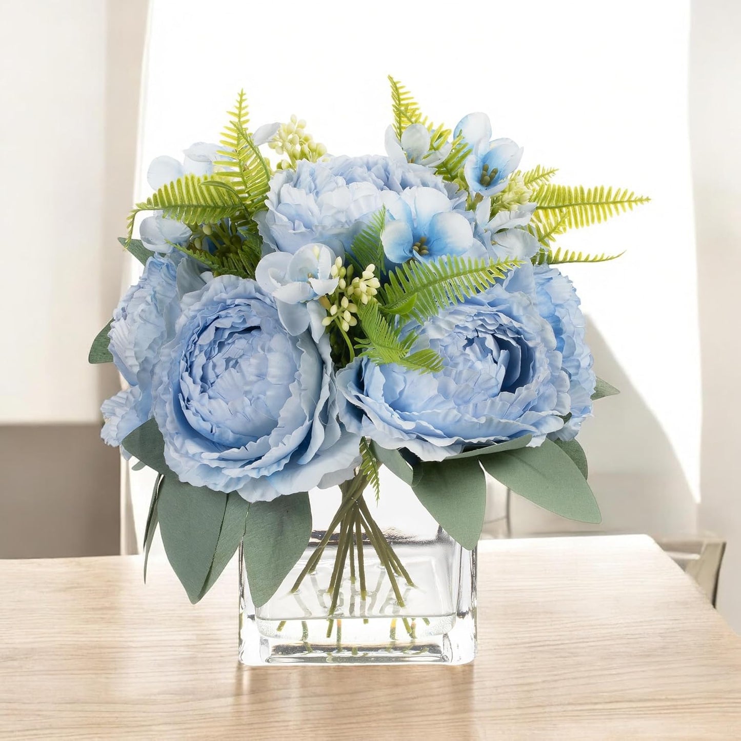ENOVA FLORAL Artificial Flower Arrangement with Vase,Mixed Artificial Silk Peony Flower in Vase for Decoration Home Office, Wedding Centerpiece (Blue)