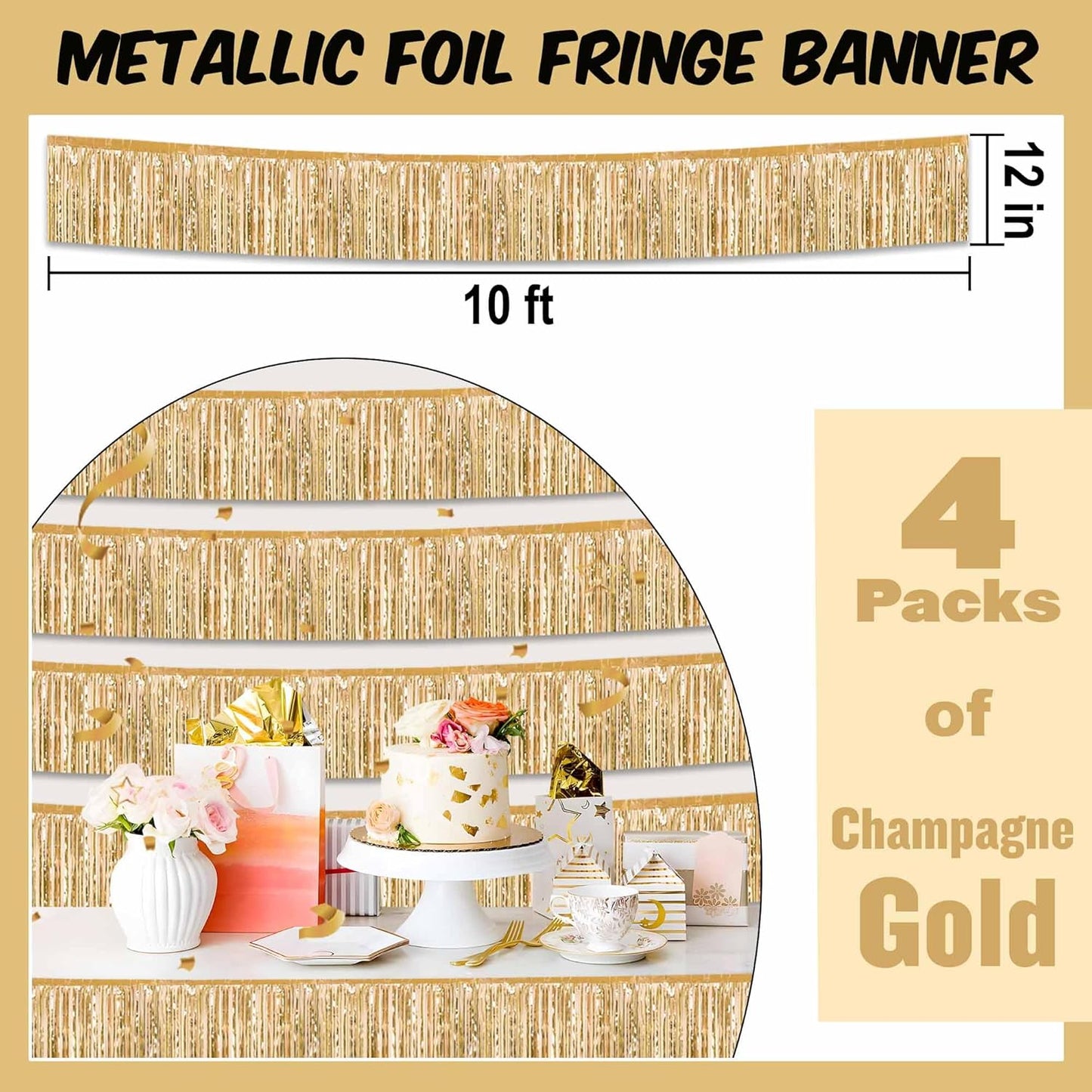 4 Pack 10 Ft Champagne Gold Foil Fringe Garland Metallic Streamers Tinsel Banner Wall Hanging Garland Backdrop for Parade Floats, Halloween, Christmas, Thanksgiving, New Year Party Decorations