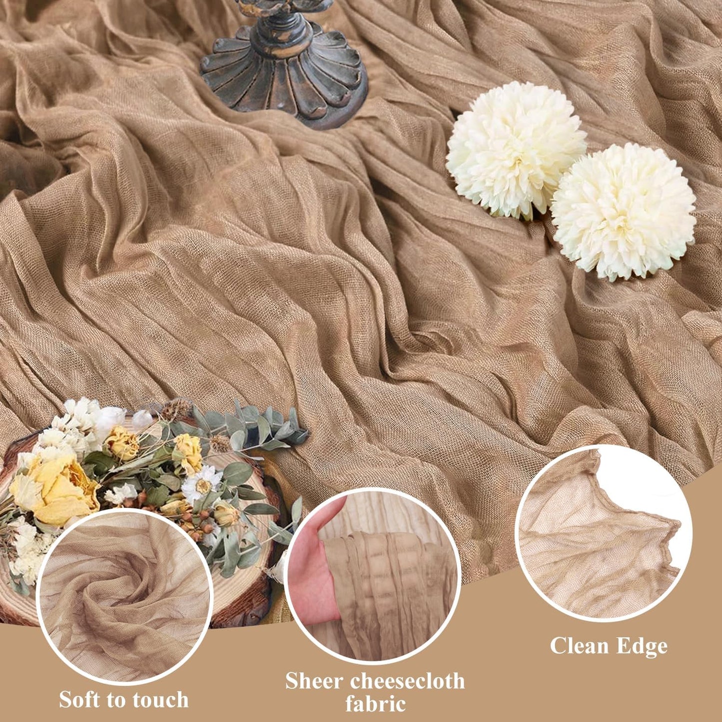 Asee'm 3pcs Cheesecloth Table Runner 120 Inches Long Nude Boho Gauze Cheese Cloth Runner 10FT Rustic Sheer Table Runners for Christmas Wedding Party Baby Shower Spring Easter Decoration