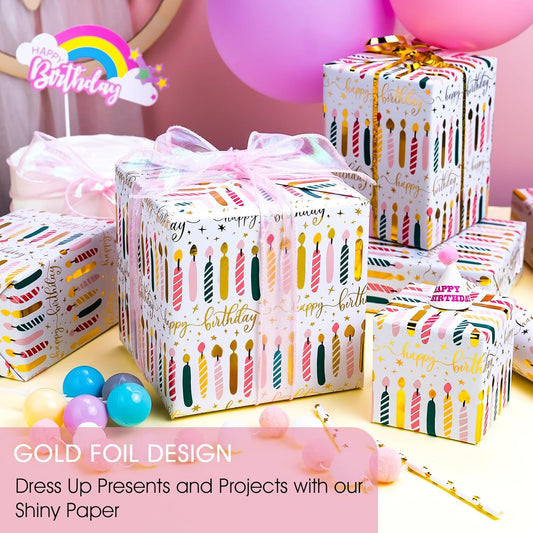 Yarcony Birthday Candle Wrapping Paper Roll - 17Inch X 33Feet - Elegant Rainbow Gold Foil Candles Gift Wrap Paper for Girl's Birthday, Christmas, Holiday, Party and Sophisticated Celebration