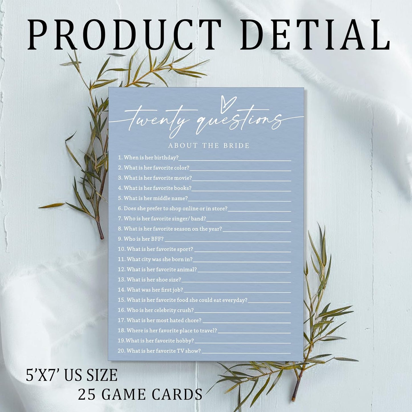 Fun Wedding Shower Games Cards, Twenty Questions About the Bride, Bridal Party Game and Favors for 25 Guests, Bridal Shower Decorations, Minimalist Blue Wedding Party Supplies - B07