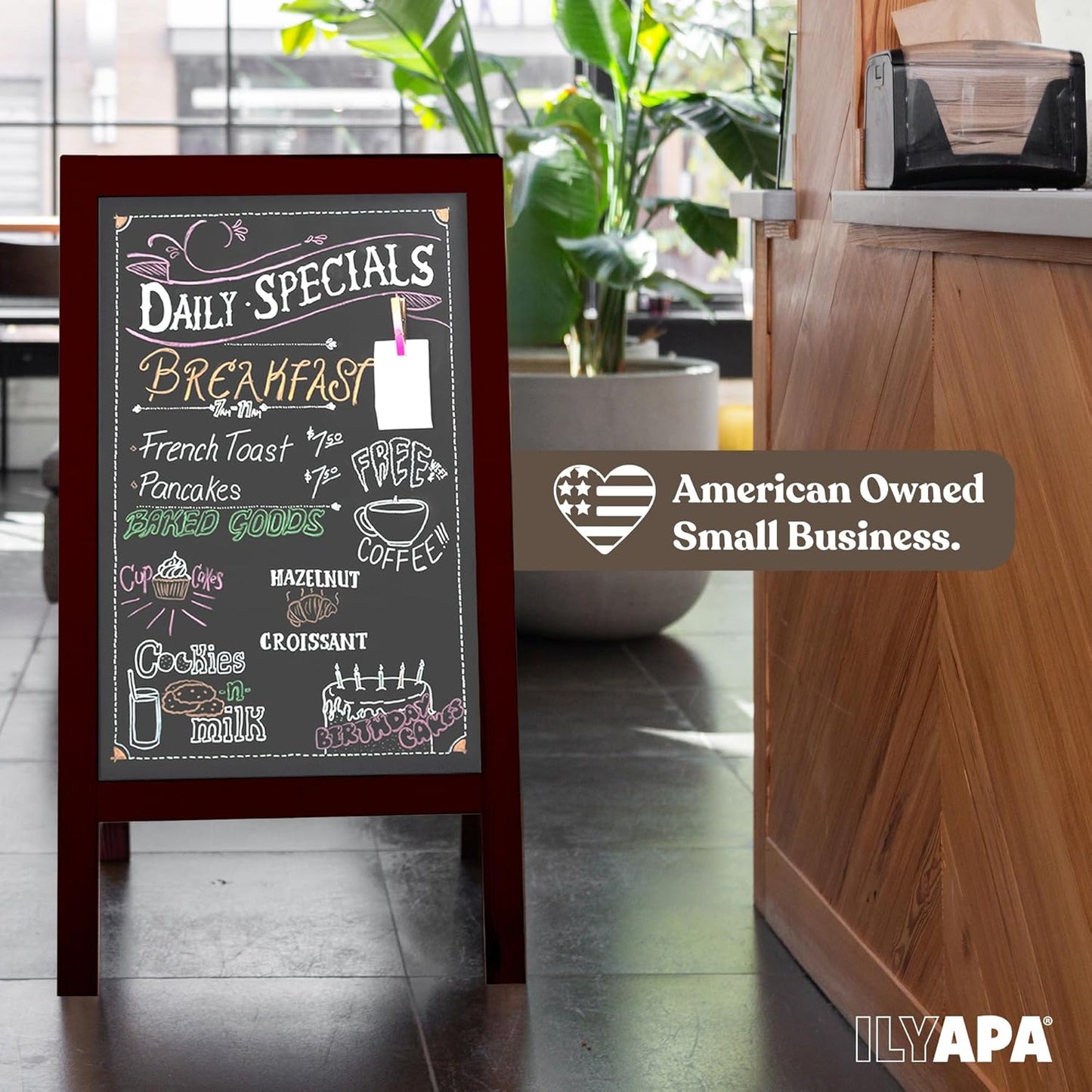 Ilyapa Wooden A-Frame Sign with Eraser & Chalk - 40 x 20 Inches Magnetic Sidewalk Chalkboard – Stained Wood Menu for Restaurant, Business or Wedding