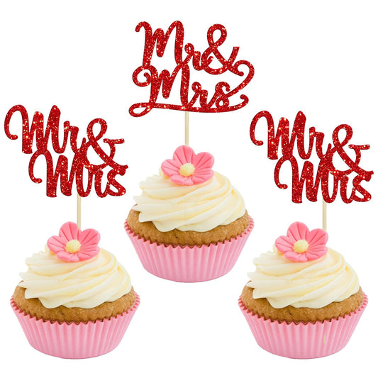 Gyufise 36Pcs Mr & Mrs Cupcake Toppers Glitter Bridal Shower Cupcake Picks for Wedding Engagement Birthday Anniversary Party Cake Decorations Supplies Red