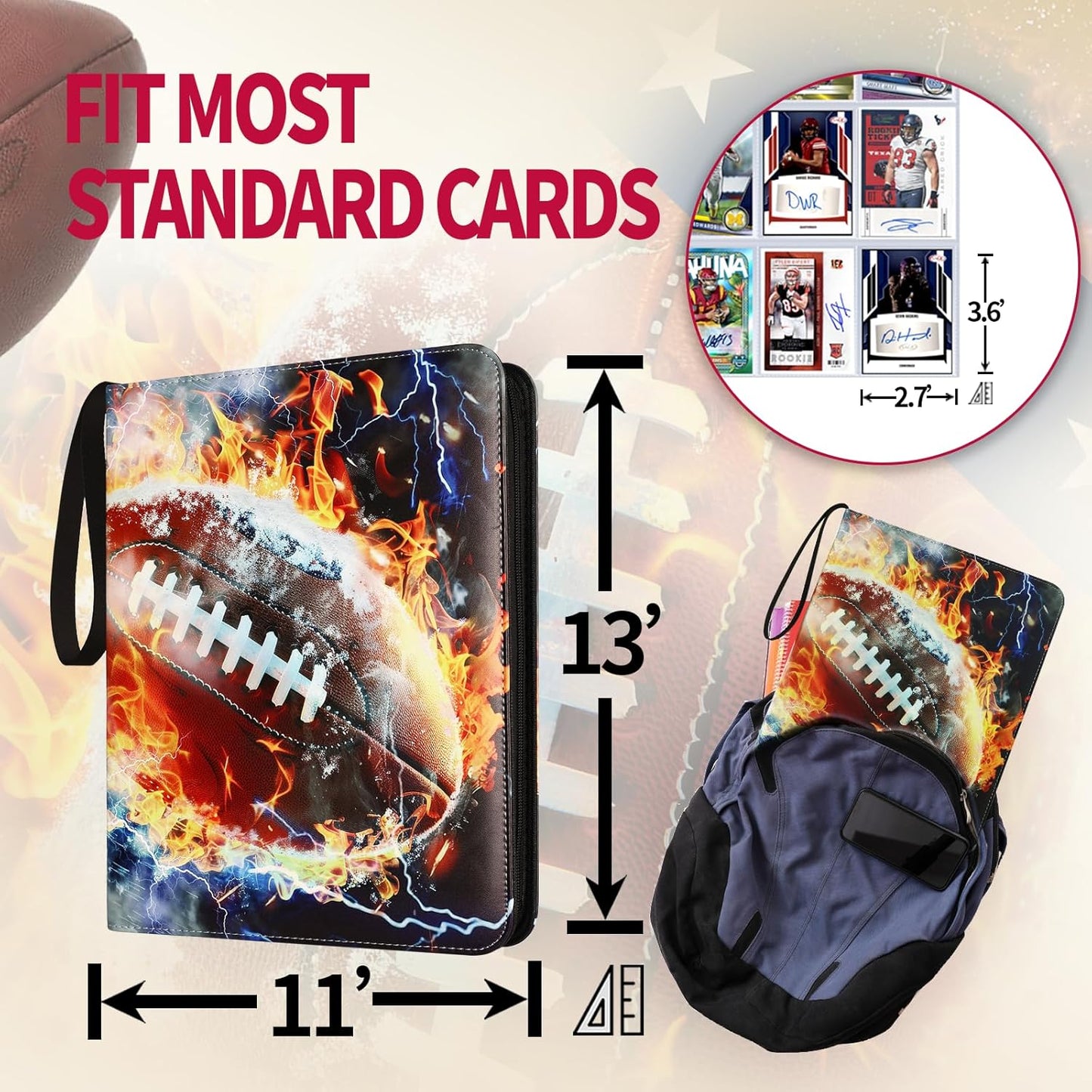 1080 Pockets Football Card Binder 9 Pocket, Trading Card Binder with 60 Page Removable Sleeves, Zipper Card Book Album Holder[PROTECTIVE][PLEASANT TOUCH SURFACE]