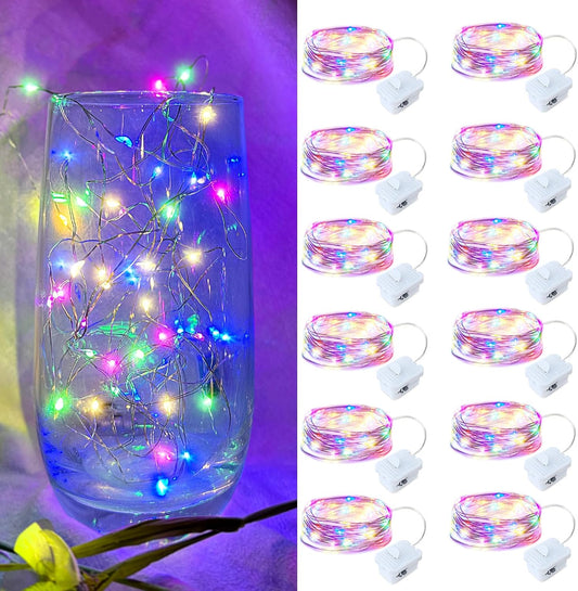 12 Pack Led Fairy Lights - Mutilcolor, Battery Operated LED Silver Wire String Lights, 7FT 20LED Mini Firefly Starry String Lights Waterproof Led Twinkle Lights for Mason Jar DIY Christmas Decor