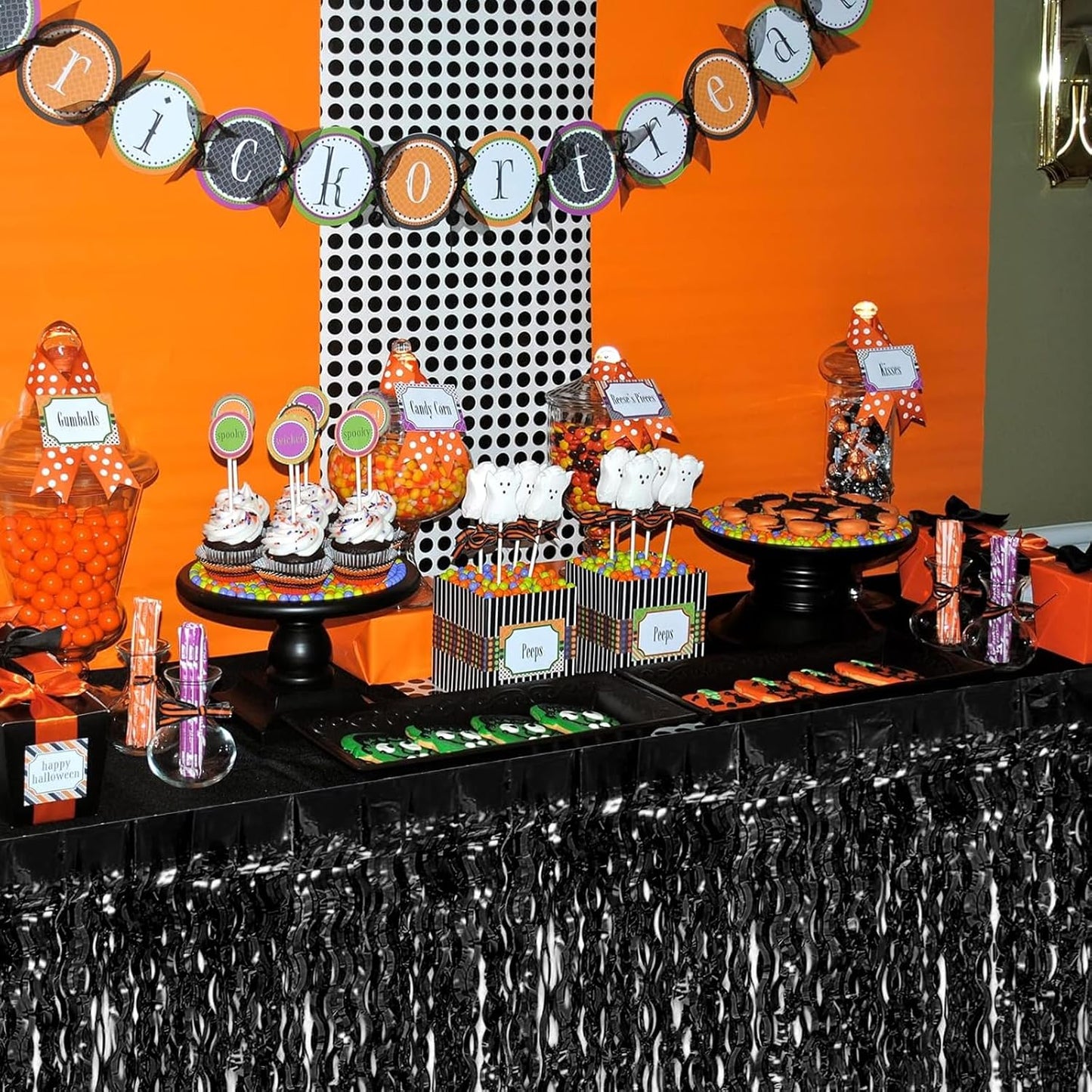 4P Wavy Metallic Tinsel Foil Fringe Table Skirts for Rectangle Tables Backdrop Garland Curtains for Parade Floats Wedding Birthday Parties Decoration Graduation 2025 Christmas (Black)