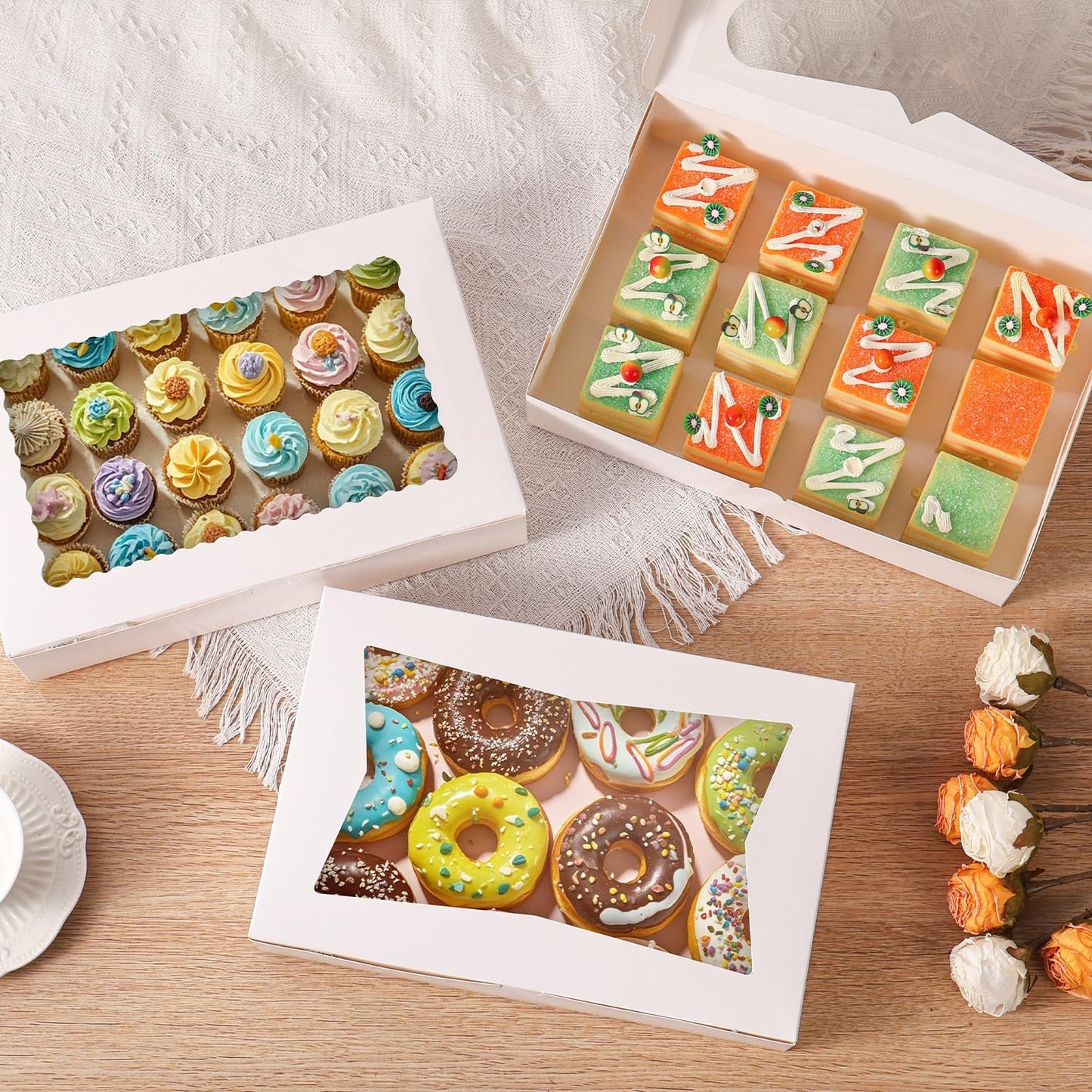 48pcs12x8x2.5 Inches Bakery Boxes,Cookie Boxes with 3Style for Window Bread,Treat，Chocolate,Strawberries,Dessert,Cakes,Donuts,Muffins,pastry