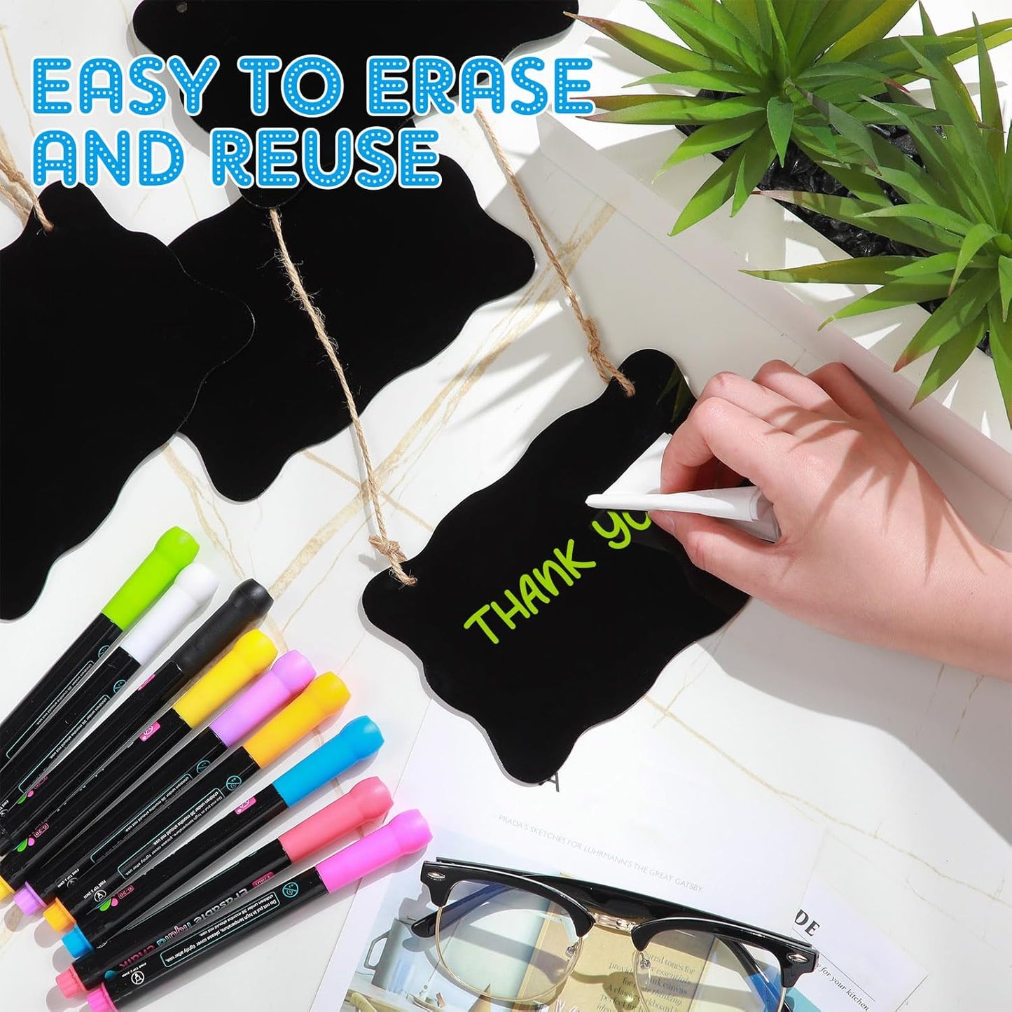 12 Pcs 4 x 6 Acrylic Chalkboard Hanging Sign with Chalk Markers Chalk Board Signs with Hanging String for Wedding Kitchen Home Party Decoration (Wave)