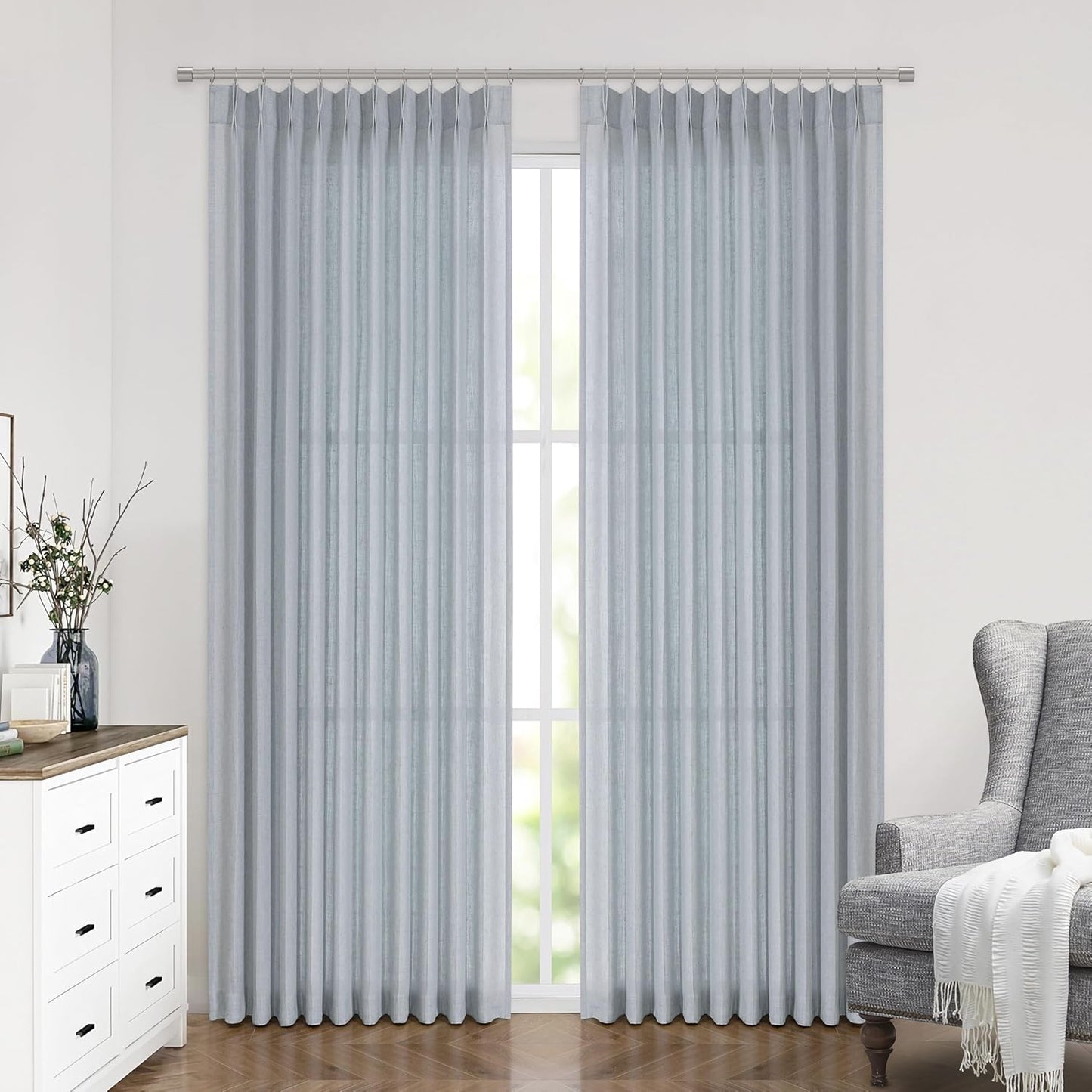 Vision Home Blue Grey Pinch Pleated Semi Sheer Curtains Textured Linen Blended Light Filtering Window Curtains 108 inch for Living Room Bedroom Patio Pinch Pleat Drapes with Hooks 9FT 60" Wx108 Lx1