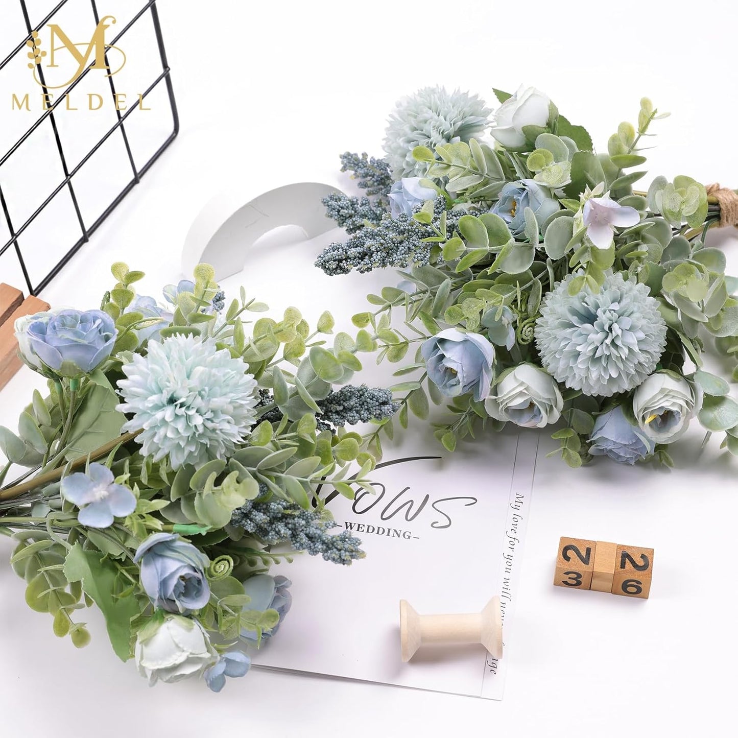 Meldel 3Pcs Rose Bouquet Blue Artificial Flowers Fake Eucalyptus Plants Silk Flower Arrangements Wedding Bouquets Decorations Plastic Floral Table Centerpieces for Home Kitchen Garden Party Decor