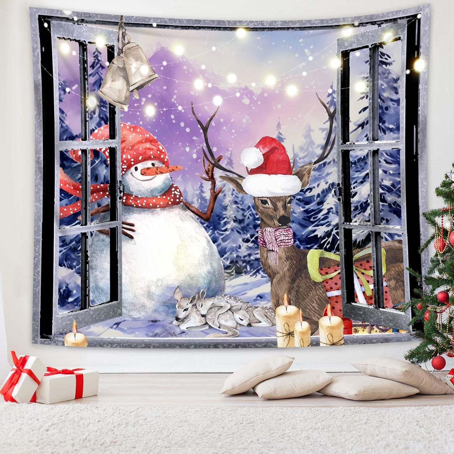 QGHOT Christmas Window Tapestry Wall Hanging Christmas Backdrop Winter Window Wall Decor Xmas Snowman Deer Tapestries for Bedroom Living Room Dorm Holiday Party Decoration