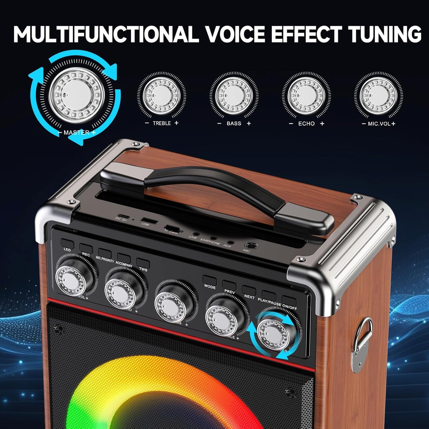 Karaoke Machine for Adults Kids, Bluetooth Speaker with 2 Karaoke Microphones, Bass/Treble Adjustment, Portable PA System with Remote Control/LED Lights for Home Party, Support USB/AUX/REC/TWS