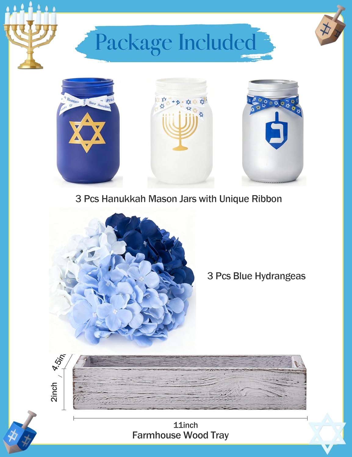 Hanukkah Decorations for Home, Chanukah Table Decor with Mason Jars, Hydrangea, Wood Tray, Hanukkah Gifts Table Centerpieces, 25 Pcs Chanukah Decorations Indoor for Living Room Bedroom