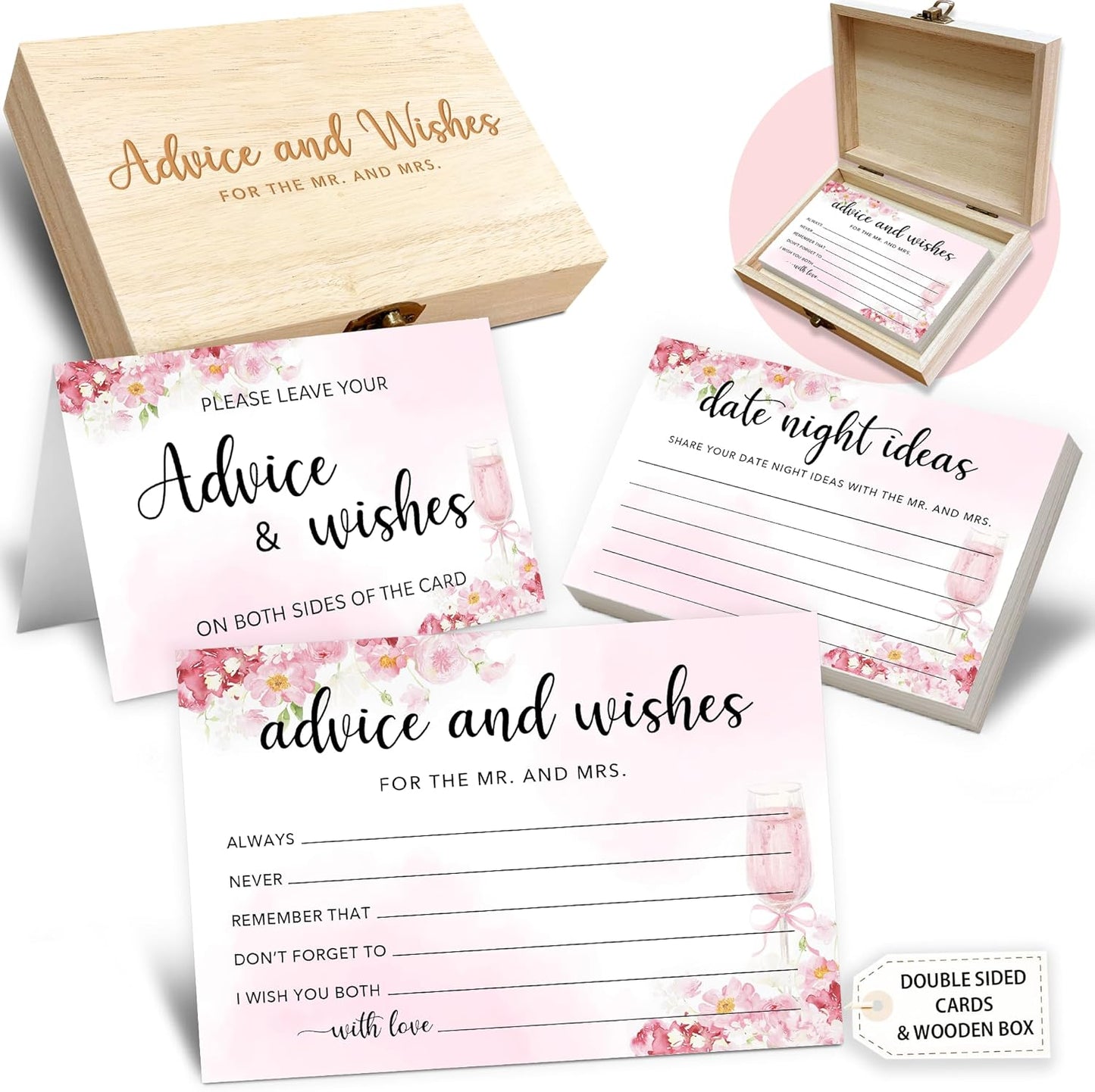 50 Pcs Advice and Wishes for the Mr and Mrs Cards in Box - Bridal Shower Guest Book - Perfect for Newlywed Games, Reception Decor, Engagement Parties & Anniversary Wishes(Champagne) - B02