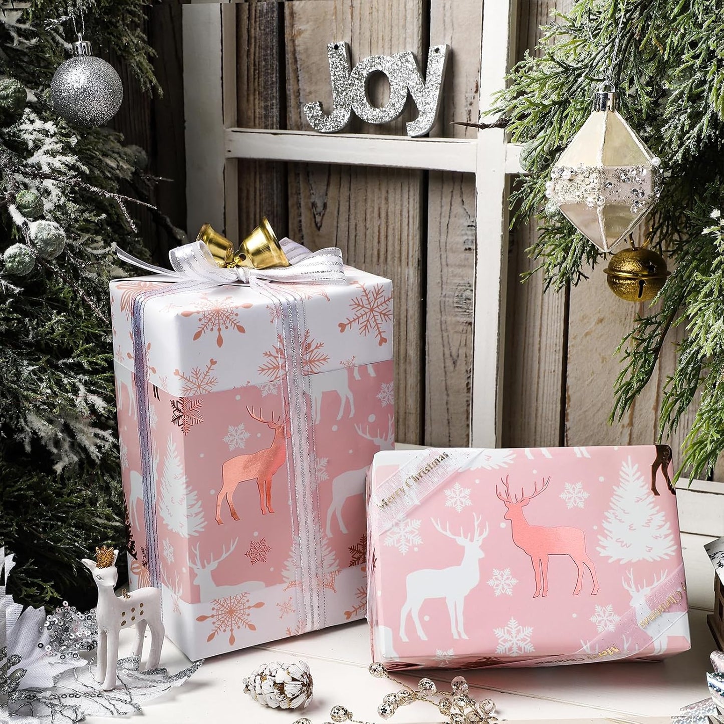 LeZakaa Christmas Pink Wrapping Paper Jumbo Roll, Reindeer & Snowflake, Metallic Foil, Rose Gold Foil Reversible Design for Festive Winter Holiday, Family Gathering, 30 inches x 32.8 Feet