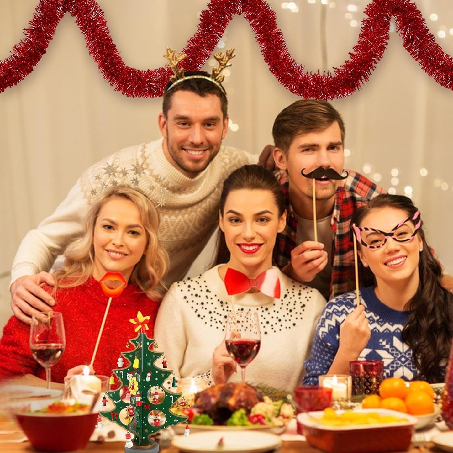 25 Feet Red Christmas Tinsel Garland, Metallic Foil Twist Banner Wall Hanging Tinsel Streamers Backdrop for Parade Floats, Christmas, Mother's Day, Birthday Party Decorations(4in x 25ft)